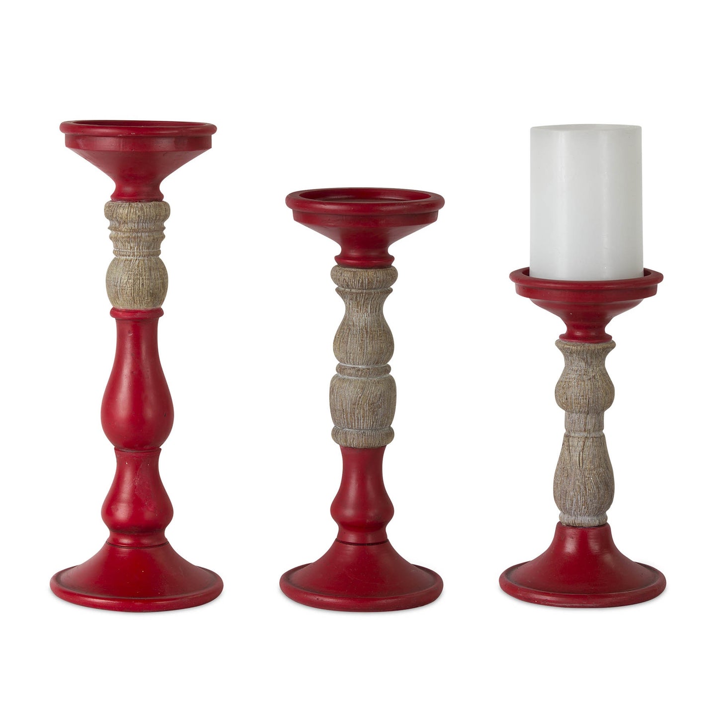 Red Candle Holder with Wood Accent (Set of 3)