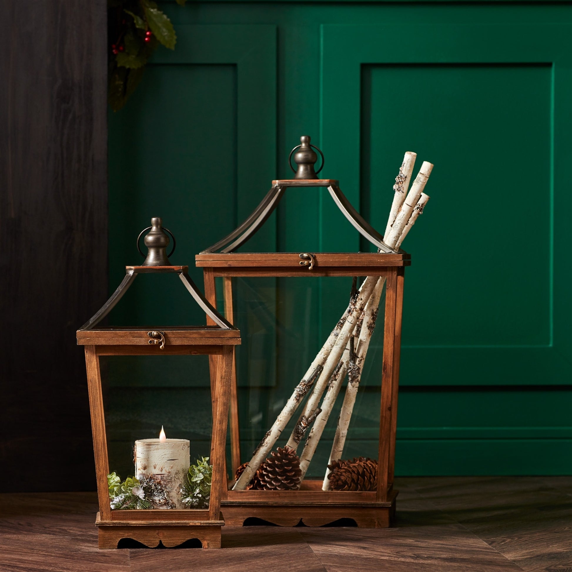 Natural Wooden Lantern with Open Top (Set of 2)