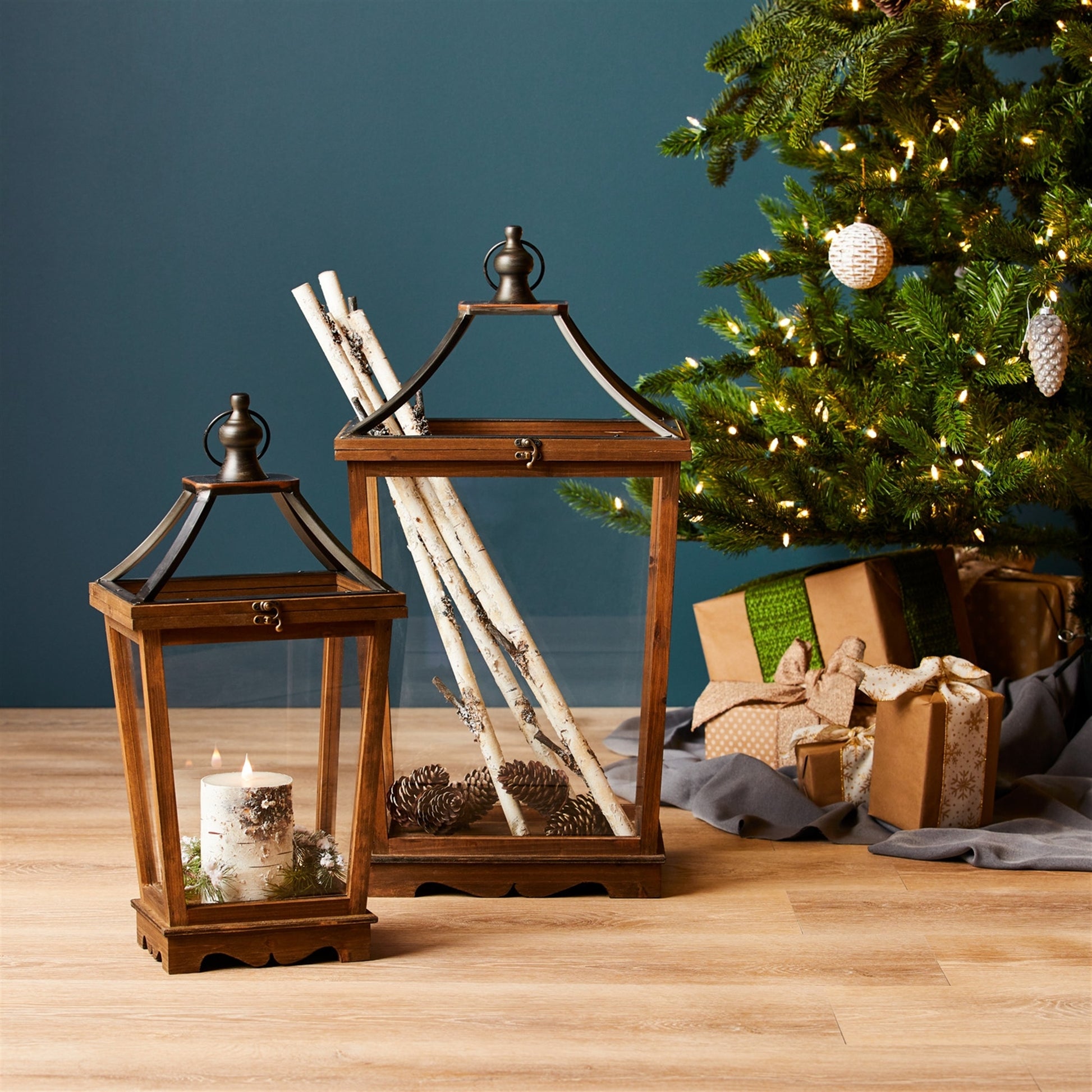 Natural Wooden Lantern with Open Top (Set of 2)