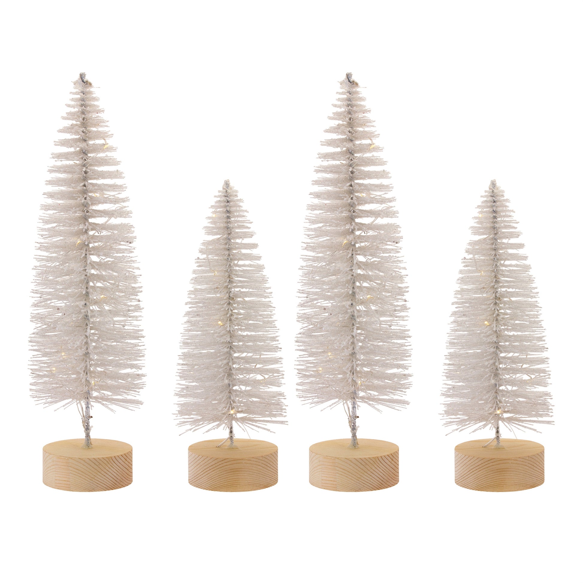 LED Lighted White Bottle Brush Tree with Wood Base and Gold Accent (Set of 4)