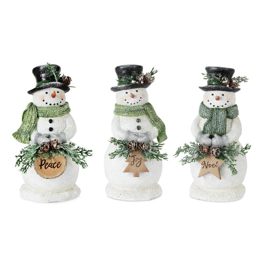 Holiday Snowman Figurine with Frosted Pine Accent (Set of 3)