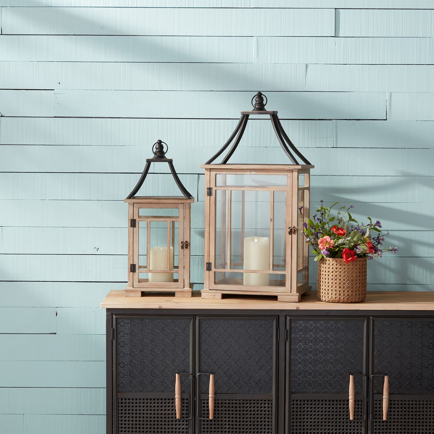 Natural Wood Lantern with Open Metal Lid (Set of 2)