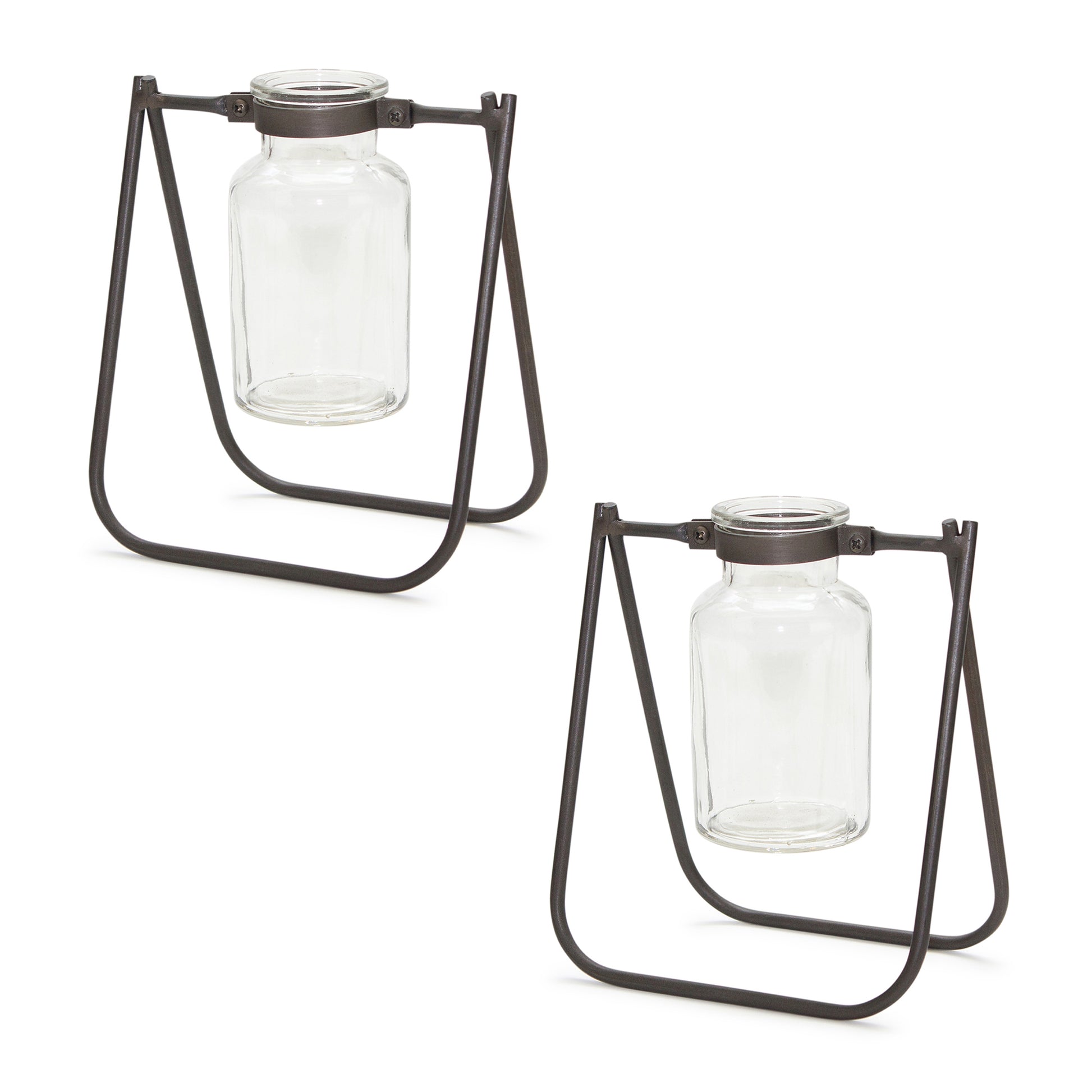 Hanging Glass Jar Vase with Metal Stand (Set of 2)