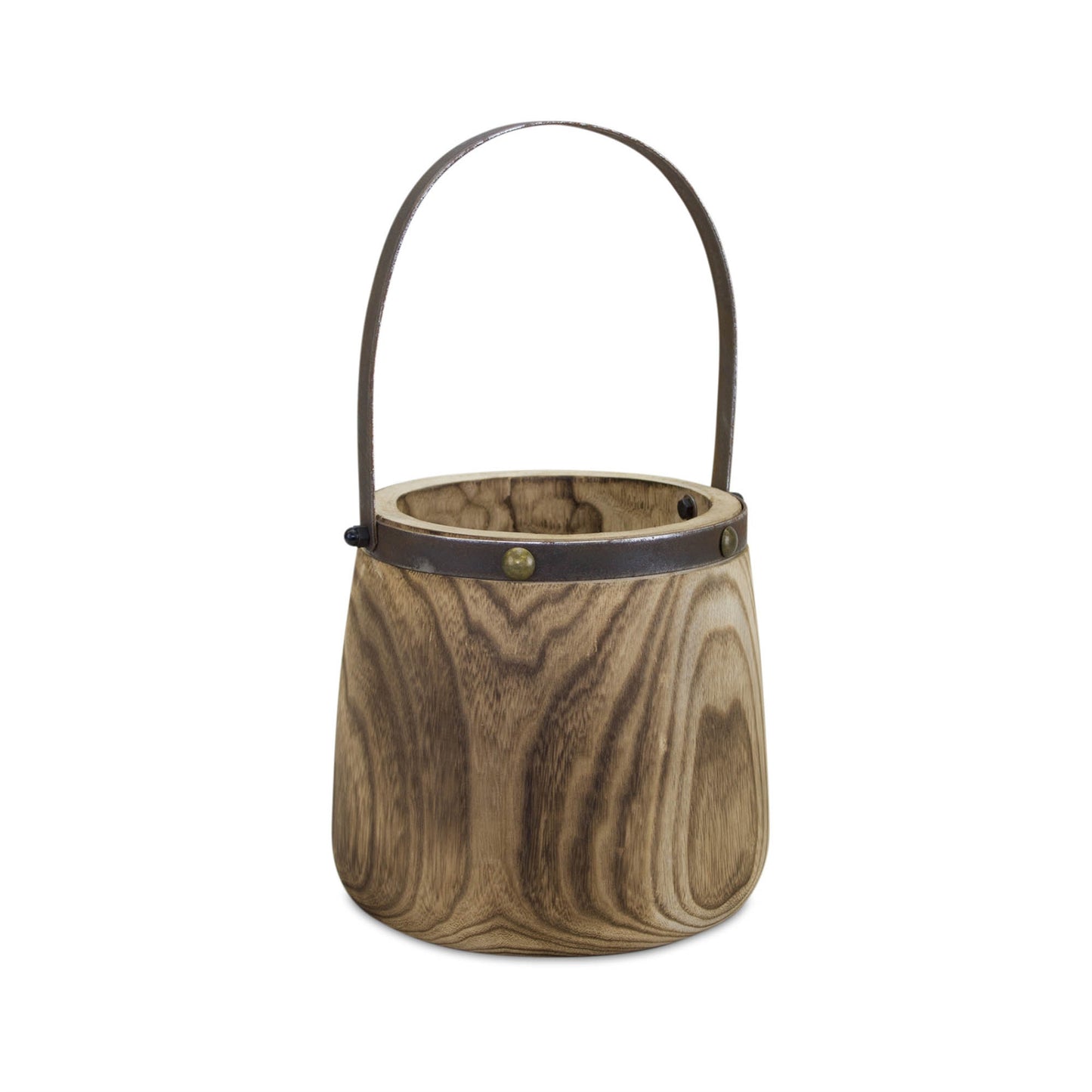 Natural Wooden Pail Planter with Metal Handle Accent (Set of 2)
