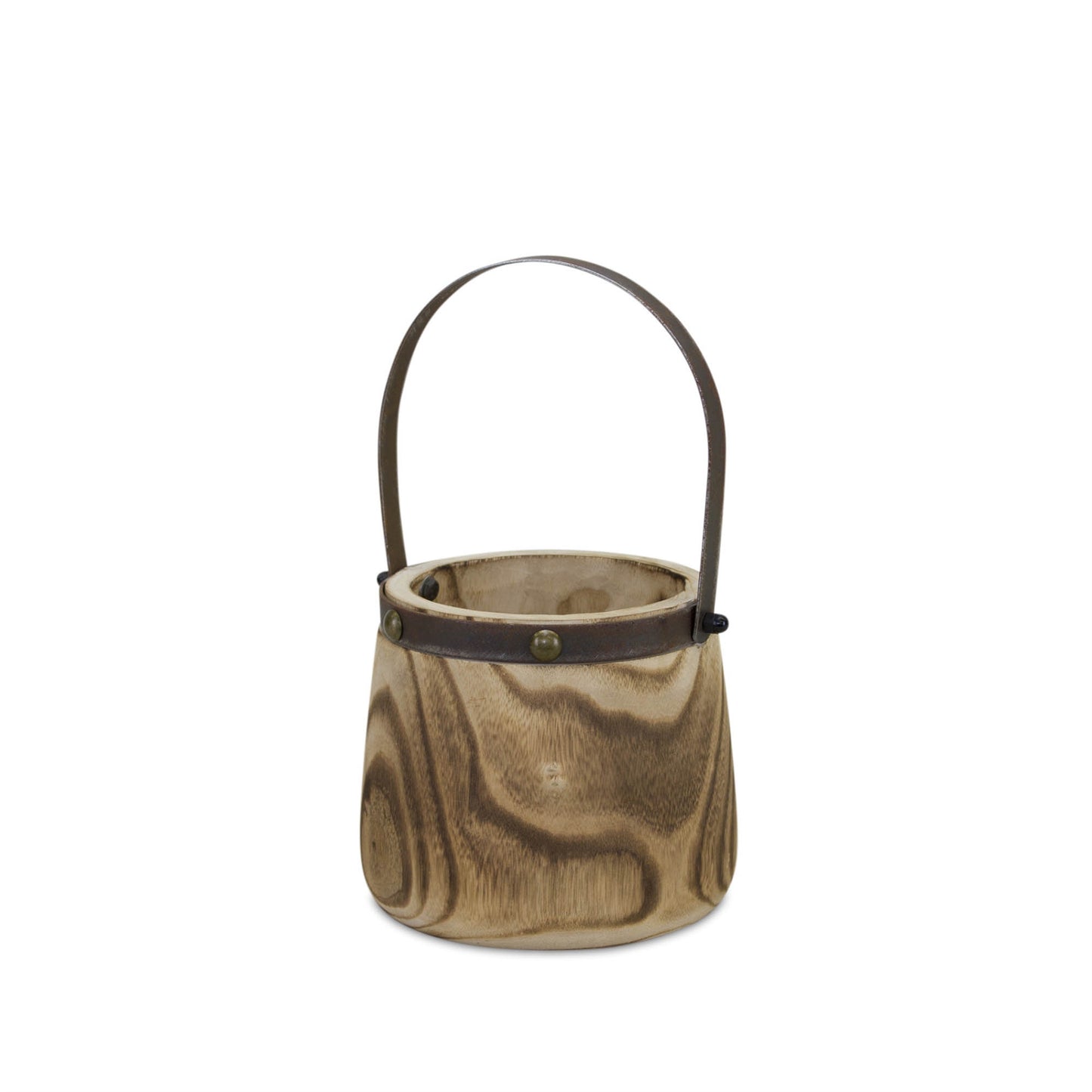 Natural Wooden Pail Planter with Metal Handle Accent (Set of 2)
