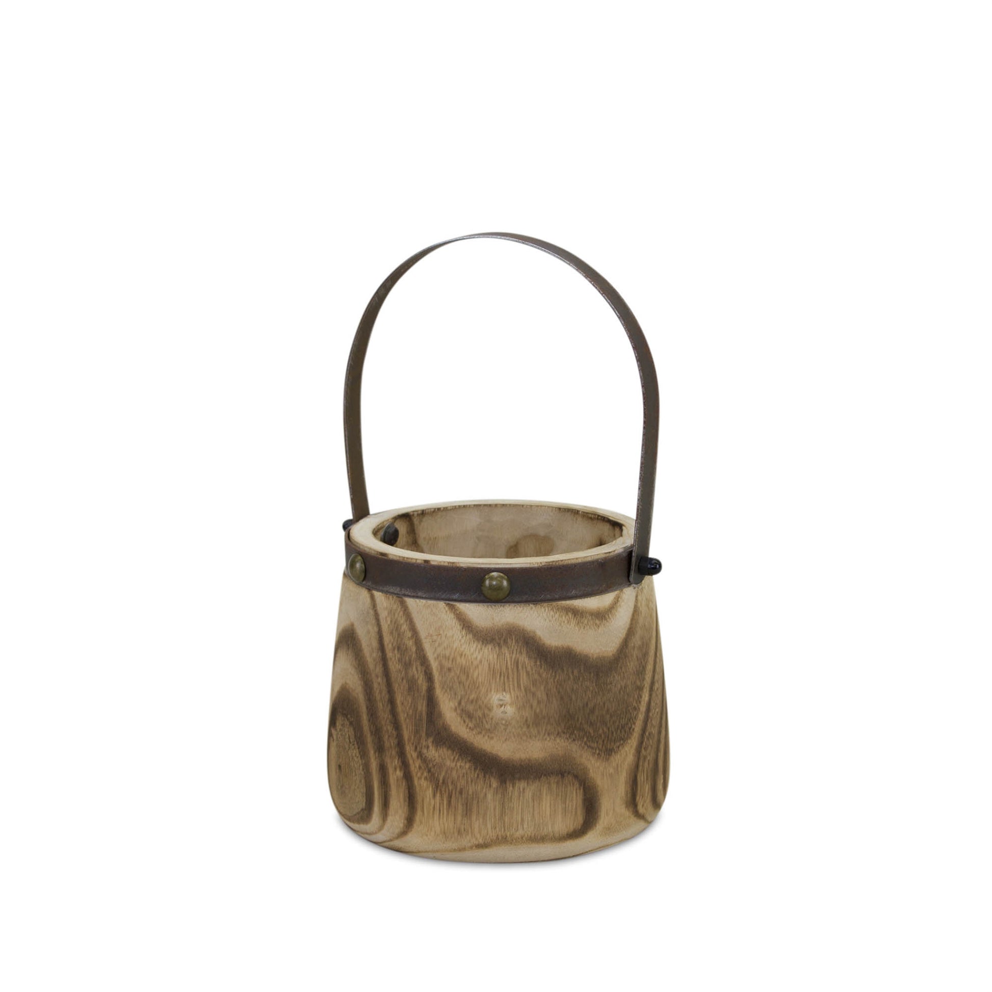 Natural Wooden Pail Planter with Metal Handle Accent (Set of 2)