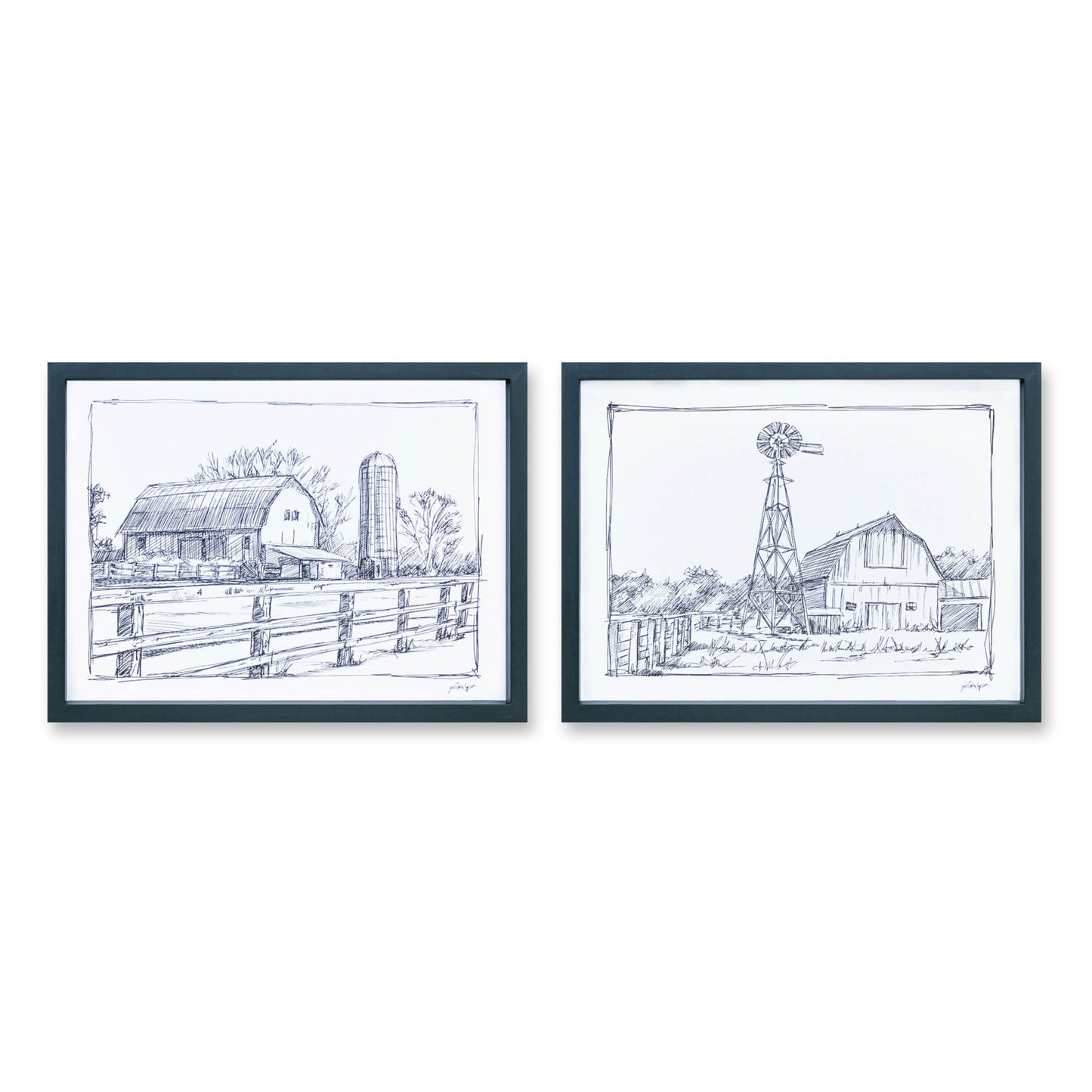 Framed Sketch Art Barn Print (Set of 2)
