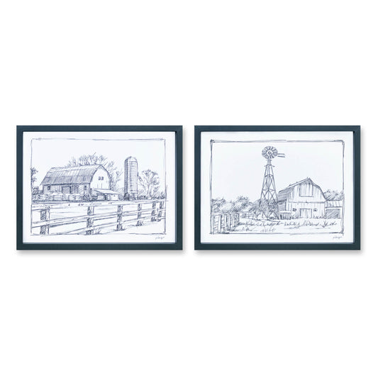 Framed Sketch Art Barn Print (Set of 2)