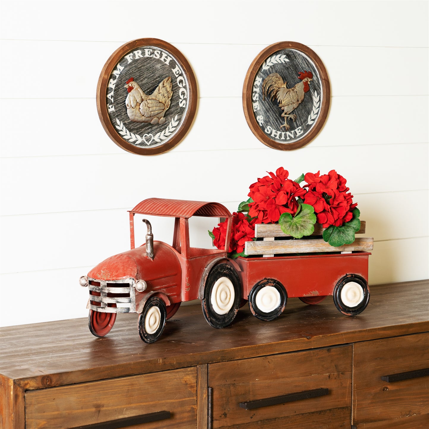 Iron Metal Tractor with Wagon Decor with Wood Accents 27.5"L