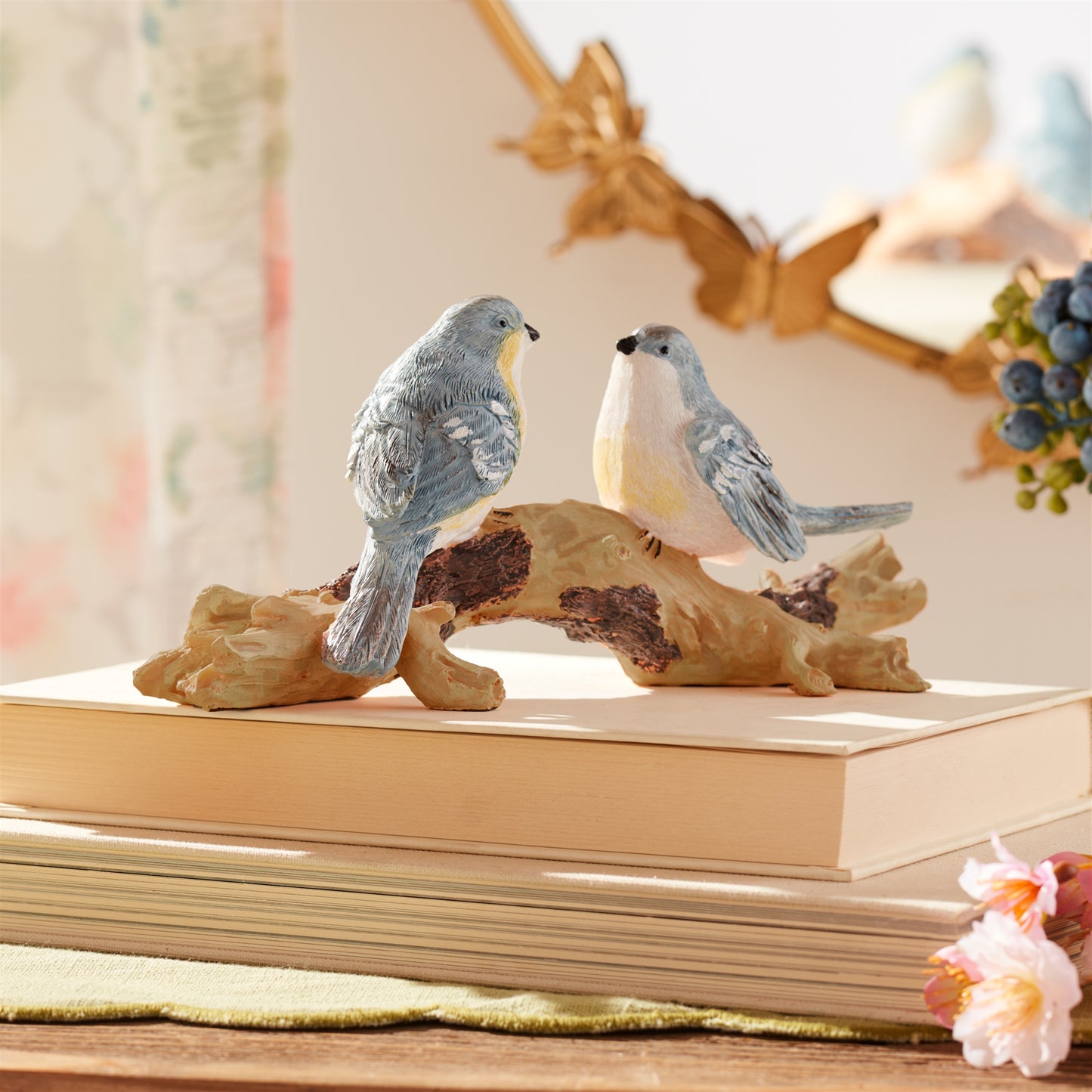 Natural Blue Birds on Branch Figurine 9.5"L