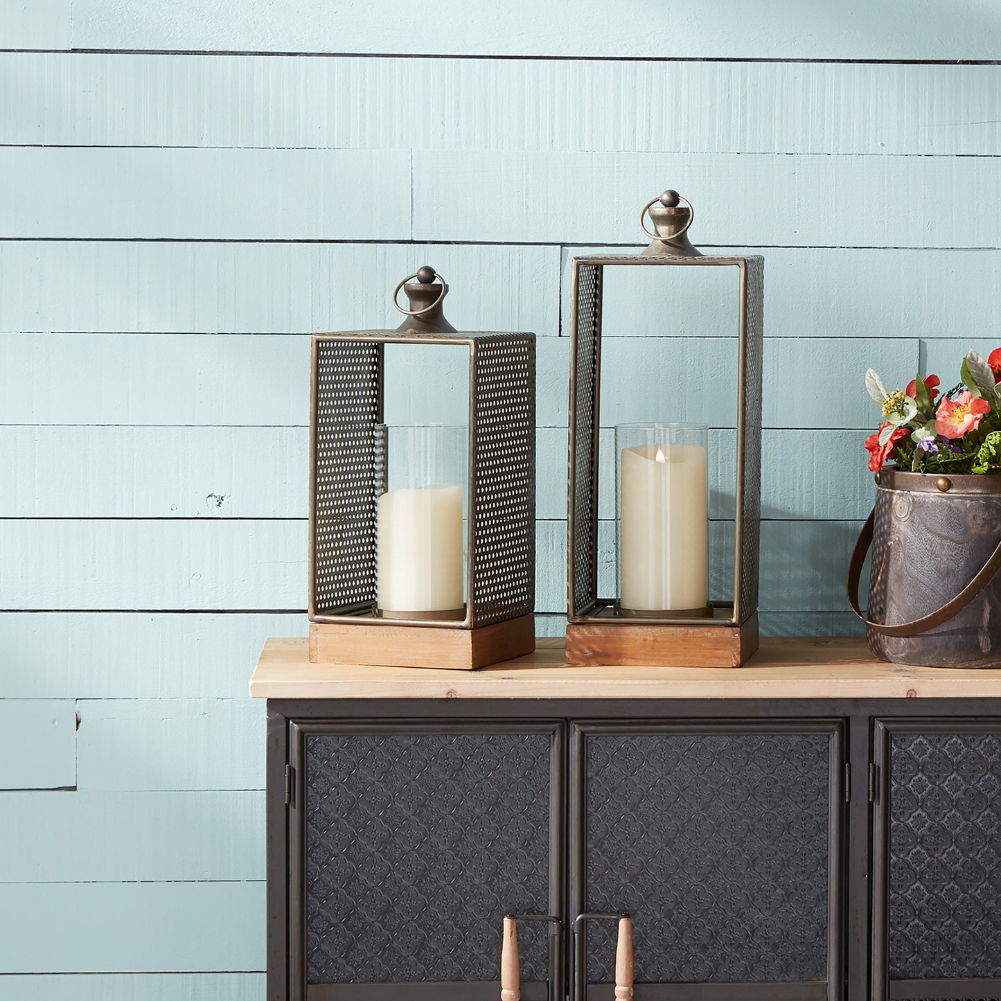 Punched Metal Candle Holder with Wooden Base