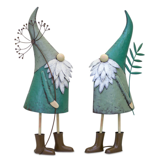 Iron Metal Standing Garden Gnome with Flower (Set of 2)
