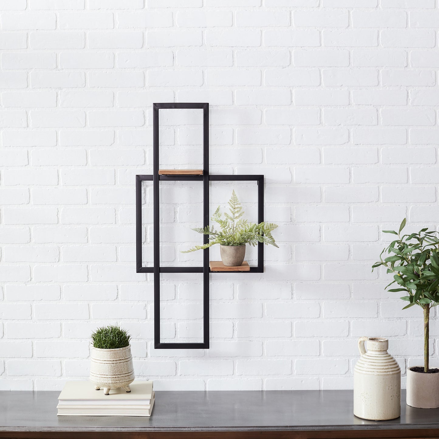 Iron Metal Wall Hanging with Wood Shelves 33.5"H