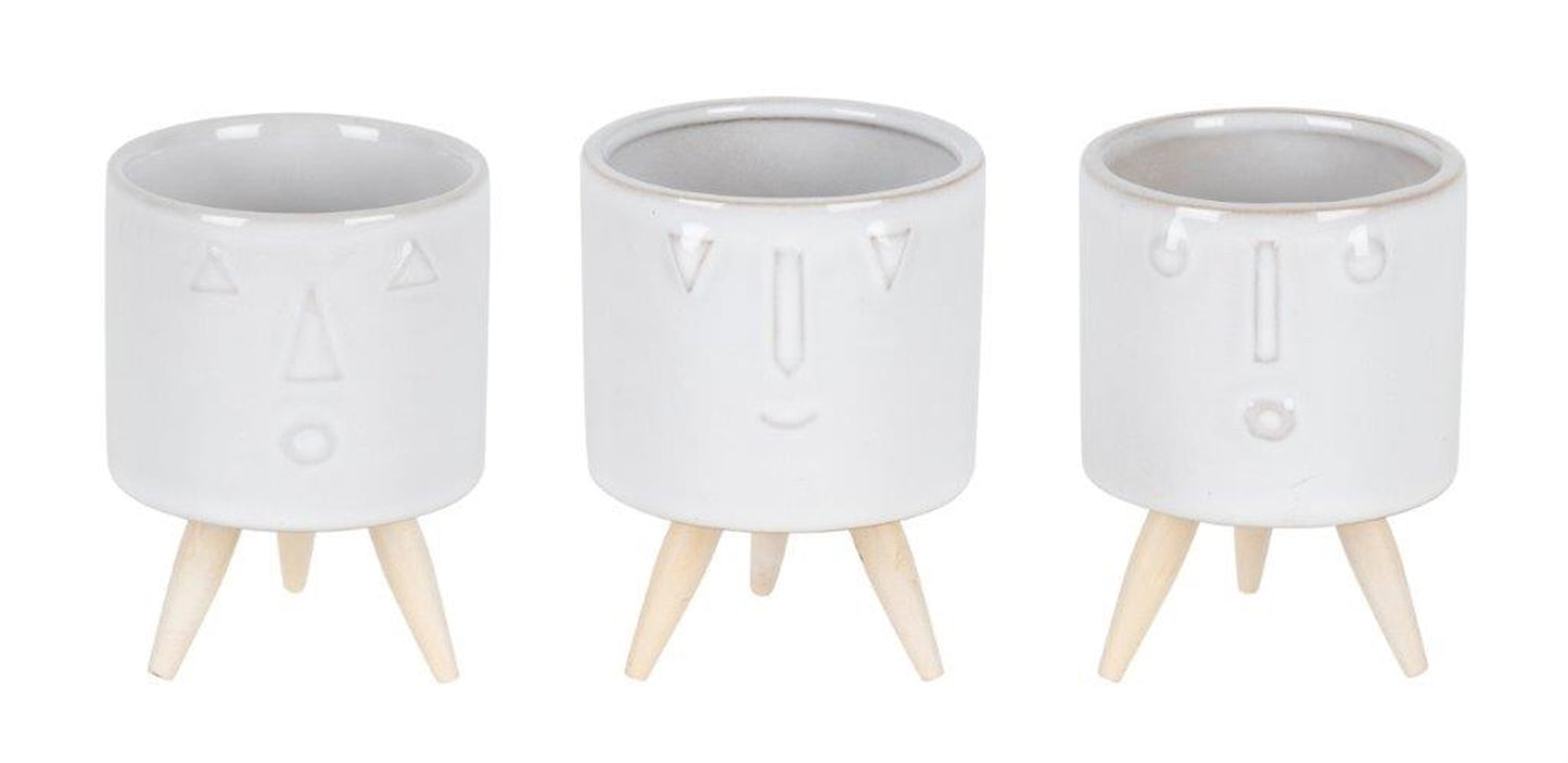 Porcelain Face Planter with Wooden Legs (Set of 3)