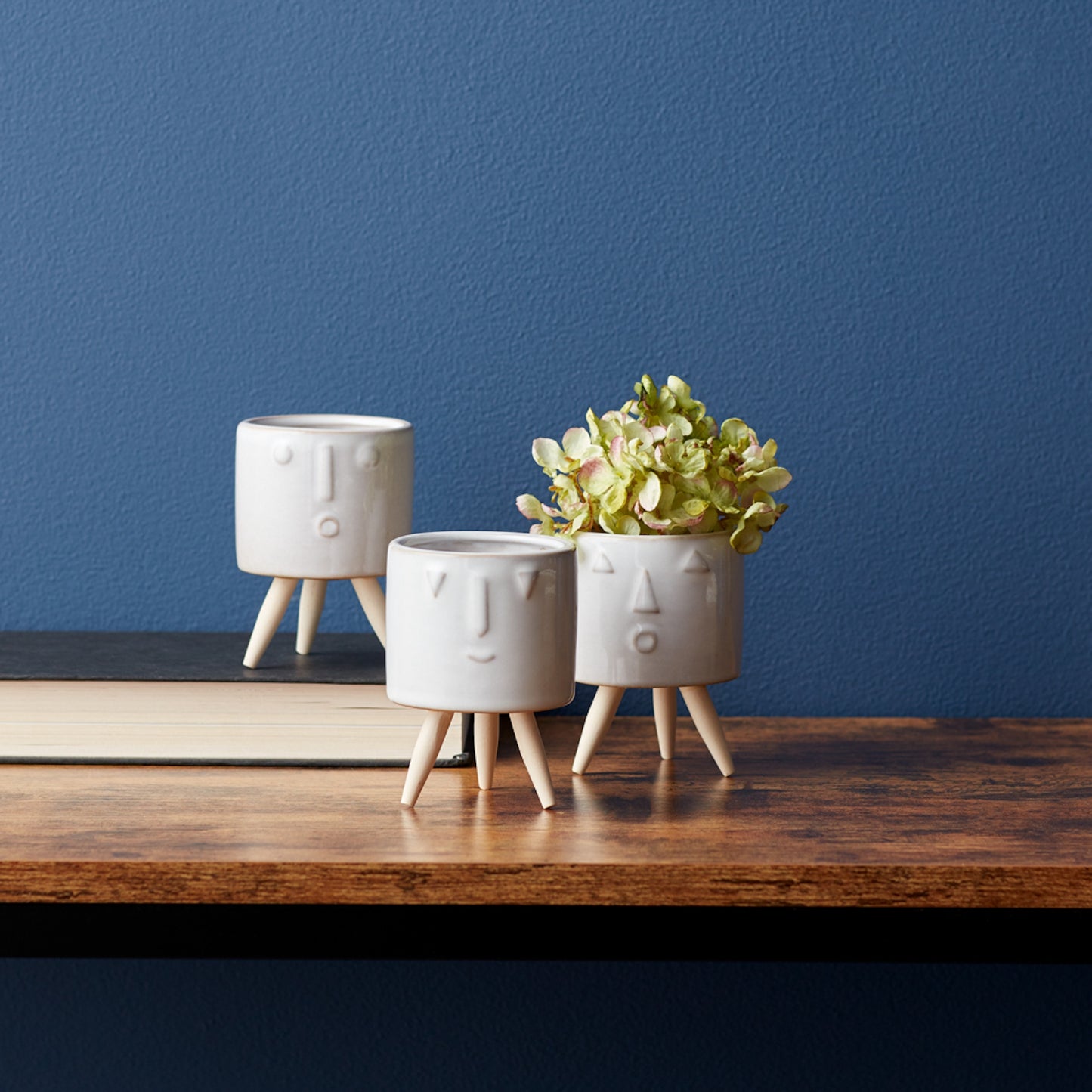 Porcelain Face Planter with Wooden Legs (Set of 3)