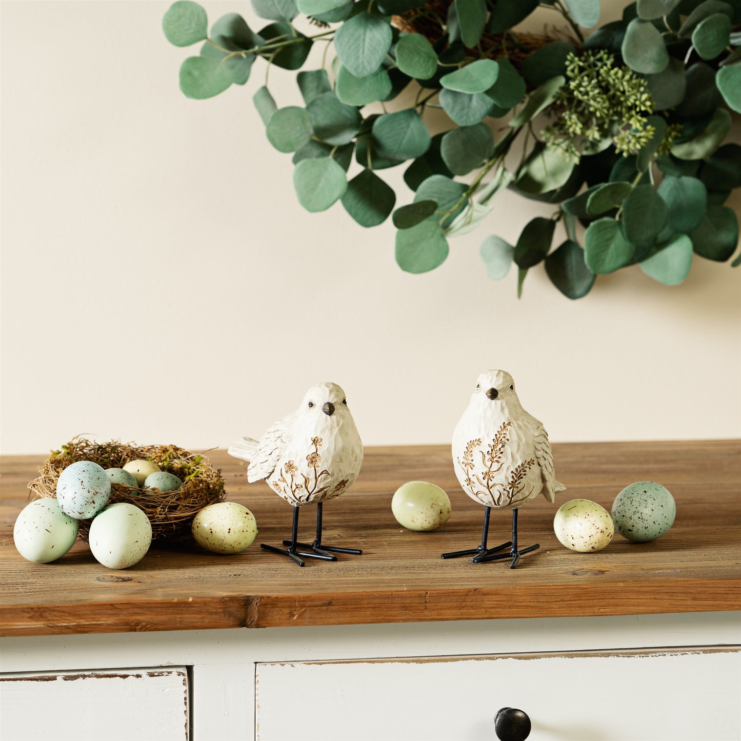 Bird Figurine with Carved Floral Design (Set of 2)