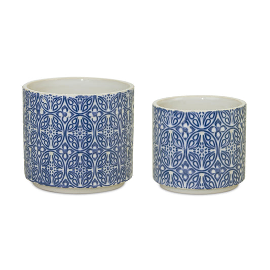 Ornamental Blue and White Ceramic Pot (Set of 2)