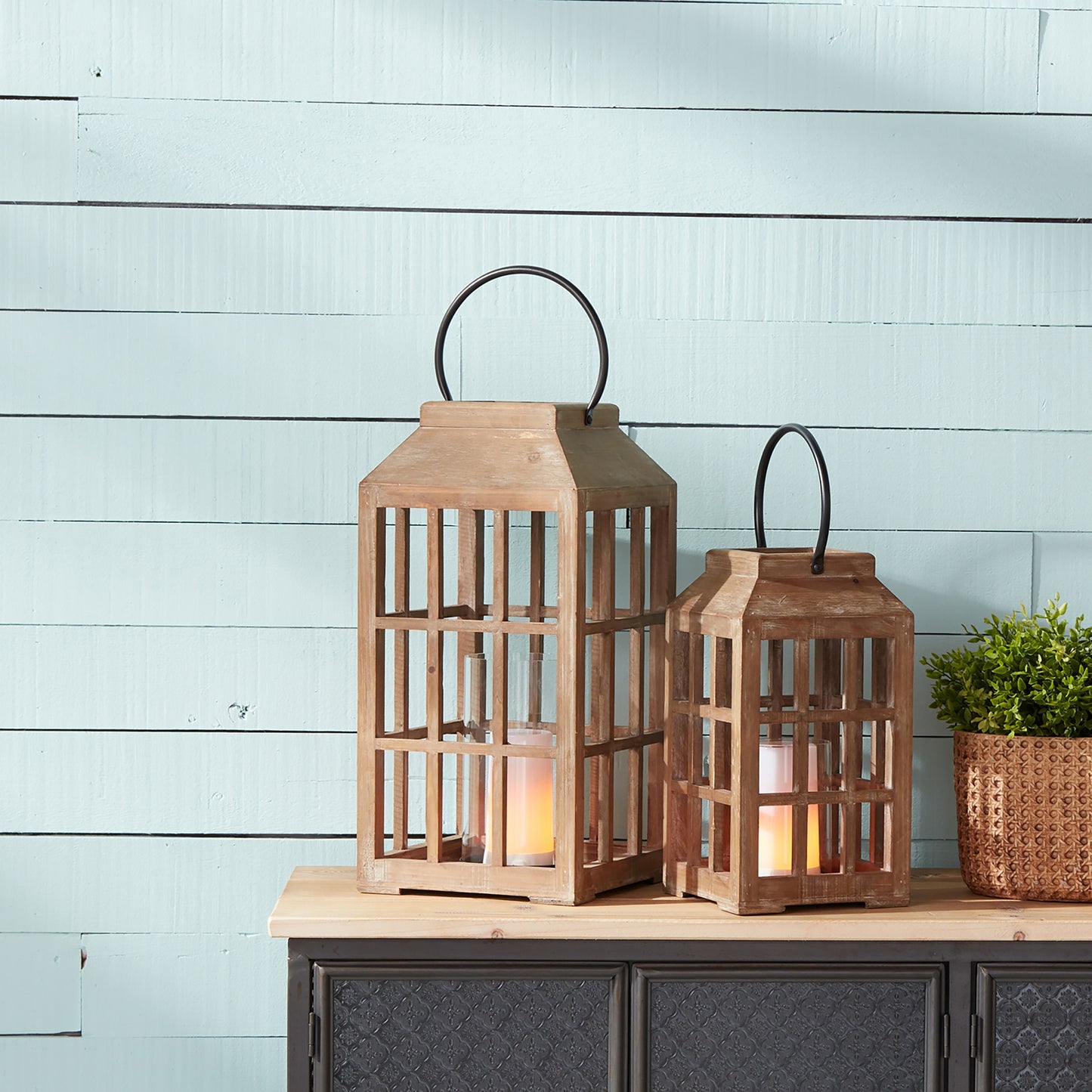 Natural Wooden Lantern with Glass Hurricane