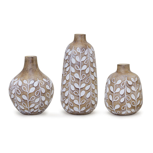Leaf Print Vase with Wood Design (Set of 3)
