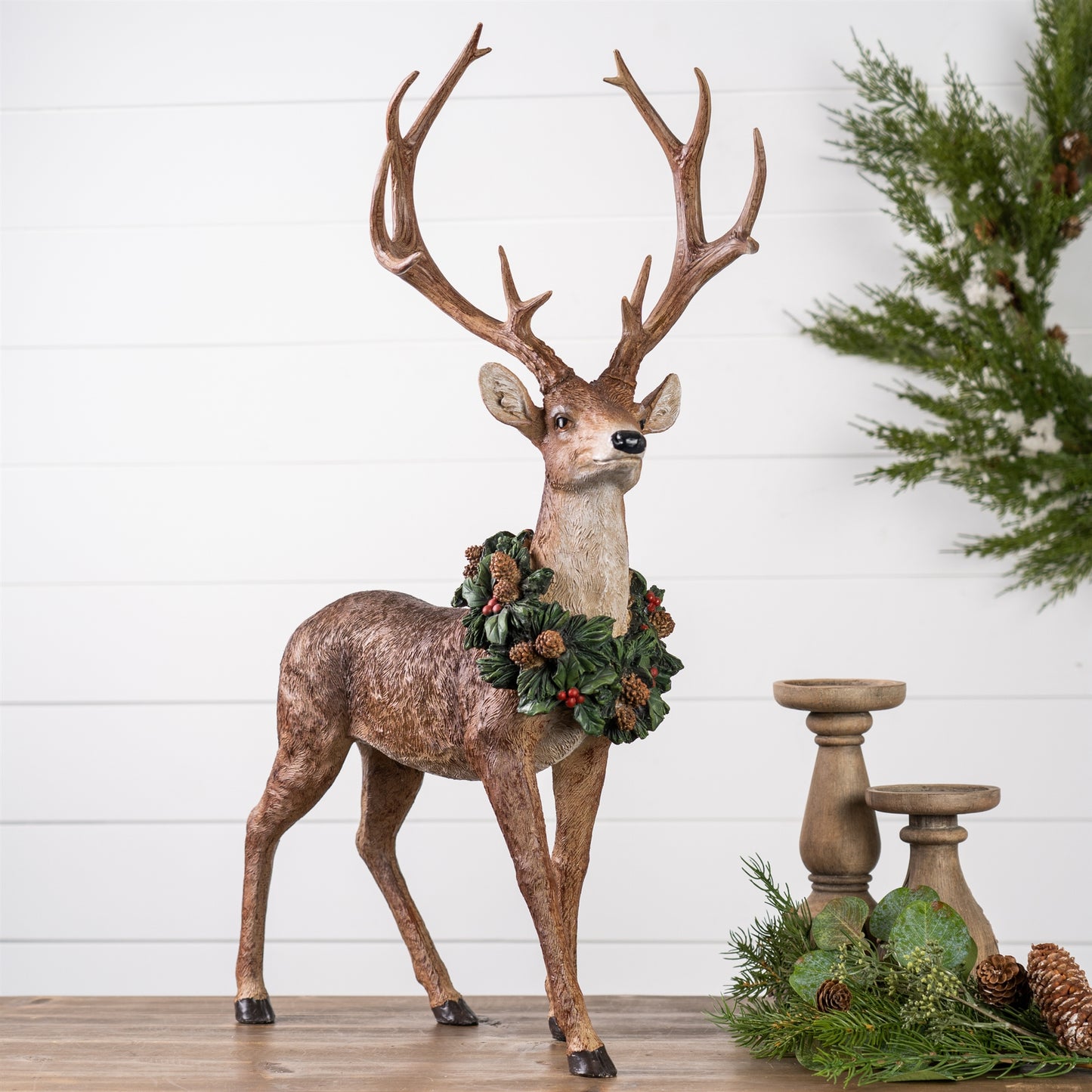 Holiday Standing Deer Figurine with Wreath Accent (Set of 2)