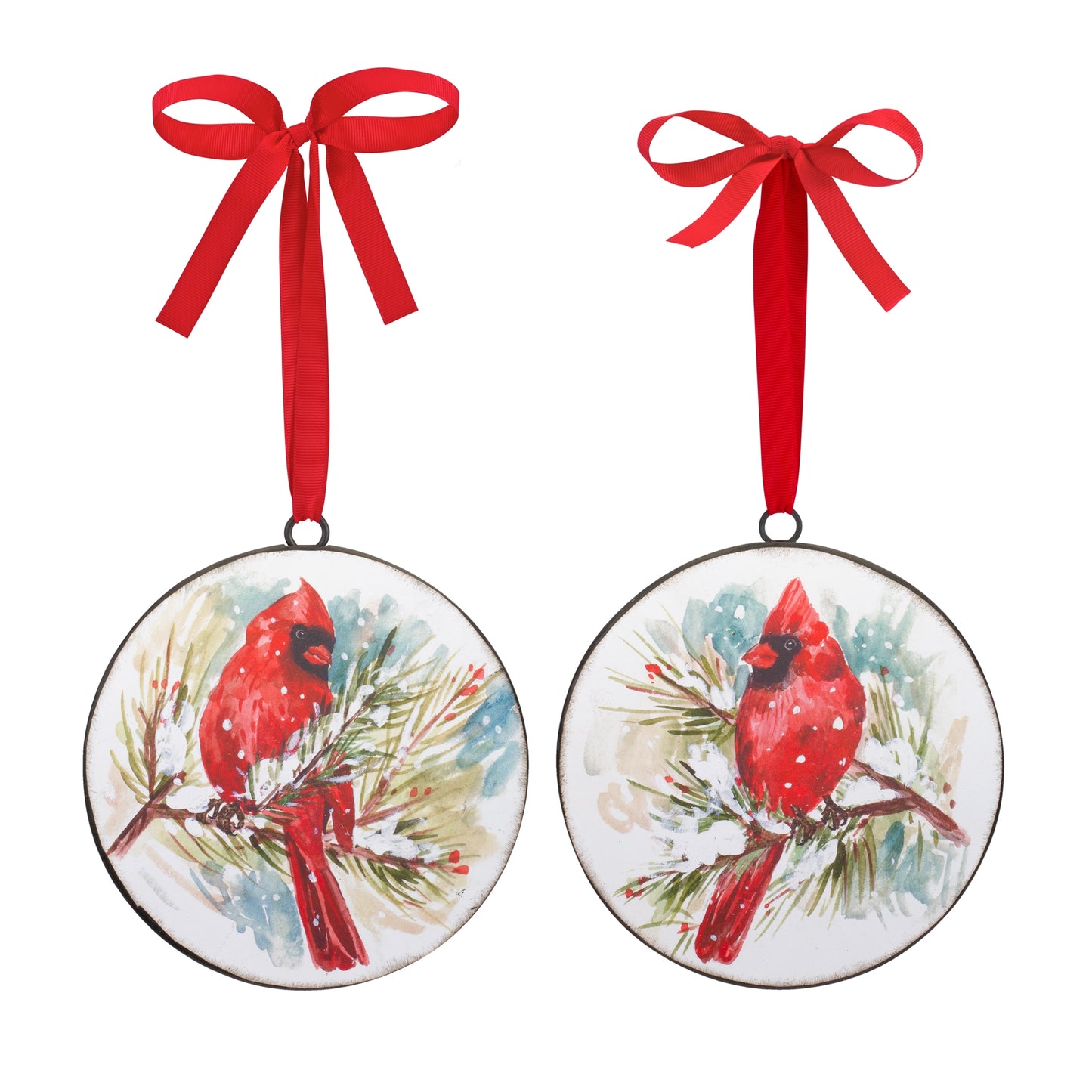 Winter Cardinal and Pine Branch Disc Ornament (Set of 12)