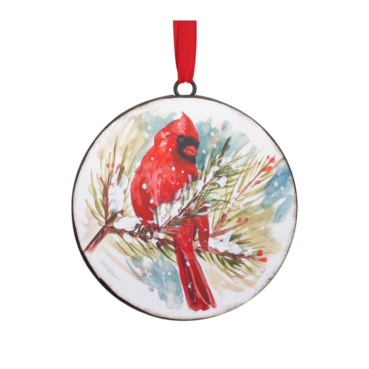 Winter Cardinal and Pine Branch Disc Ornament (Set of 12)