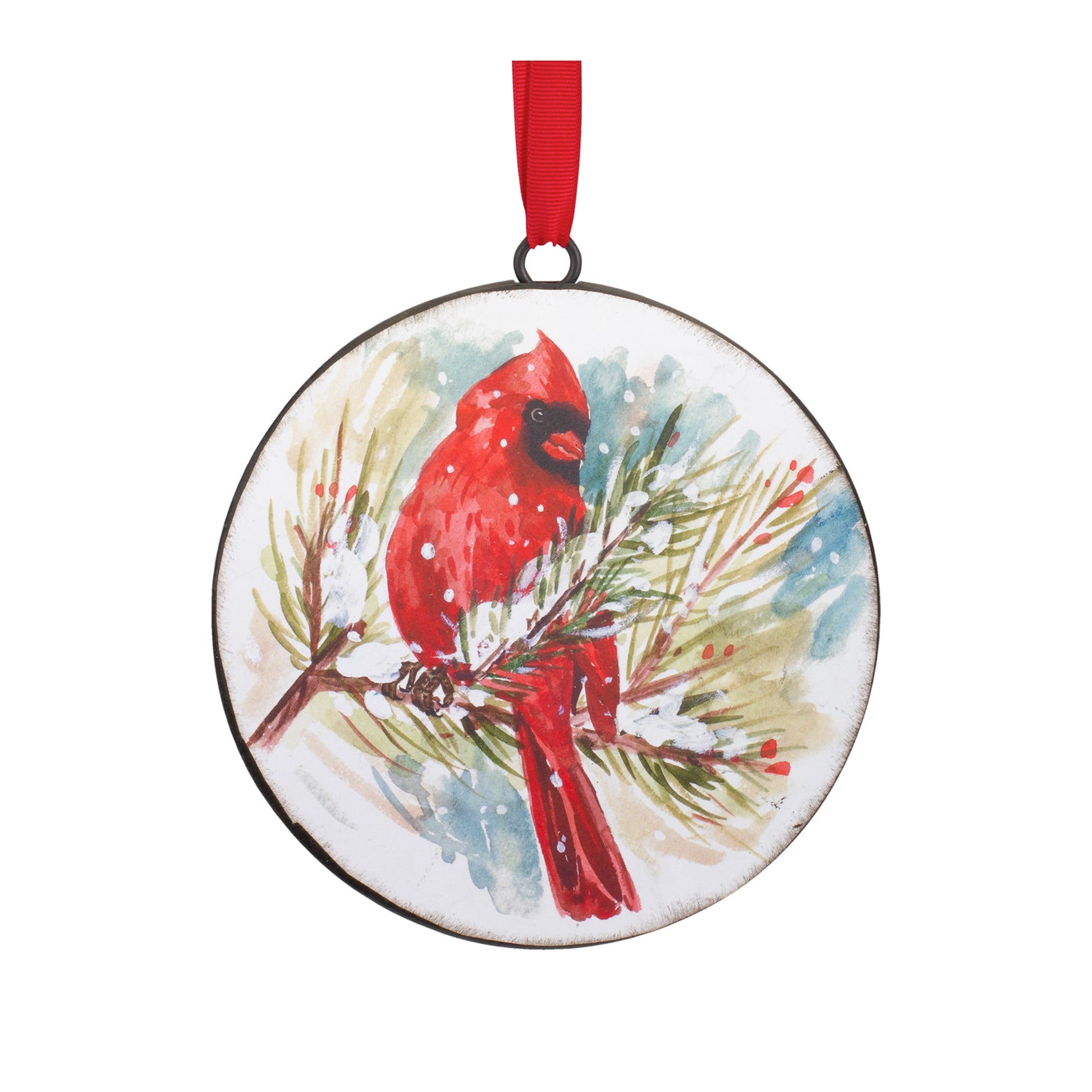 Winter Cardinal and Pine Branch Disc Ornament (Set of 12)