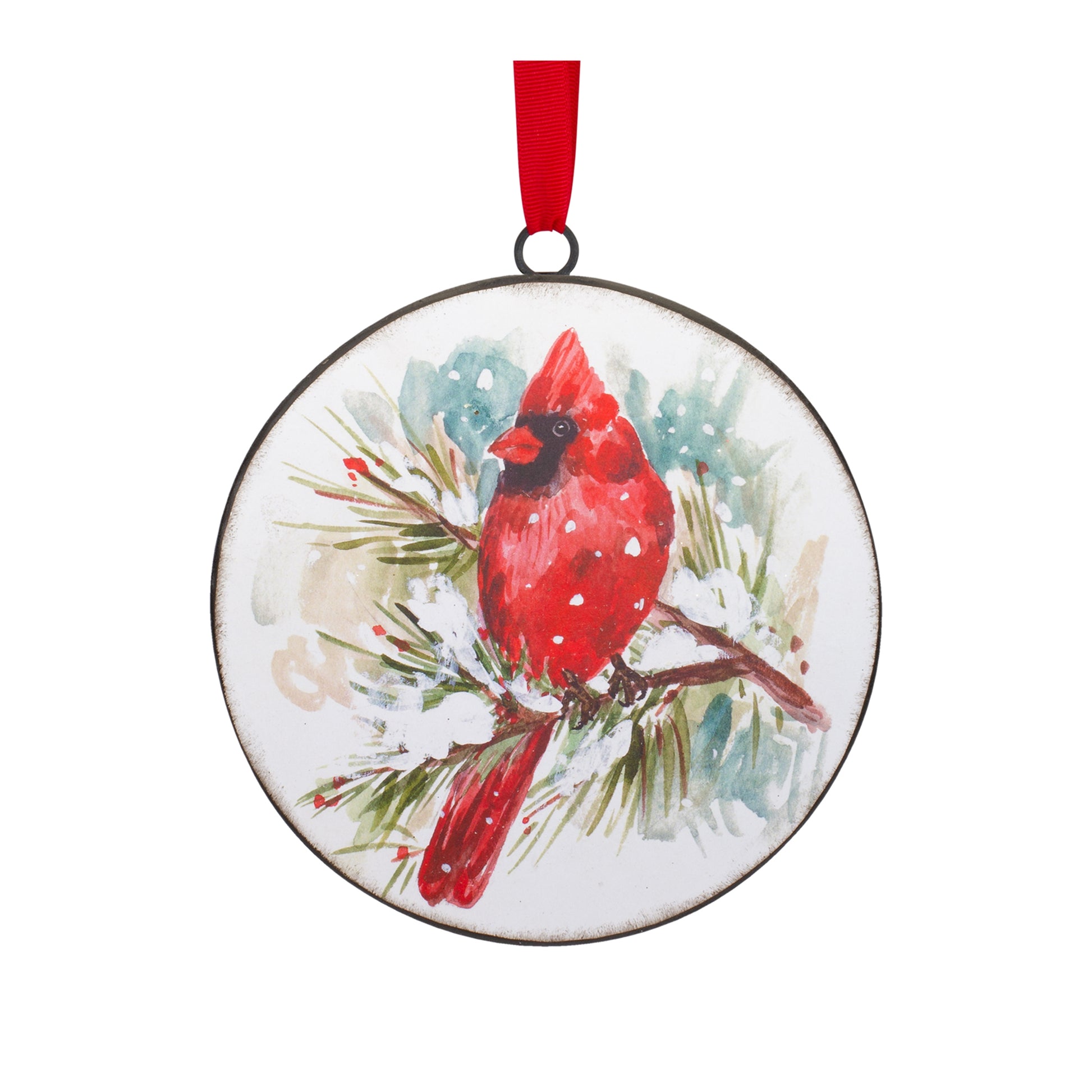 Winter Cardinal and Pine Branch Disc Ornament (Set of 12)