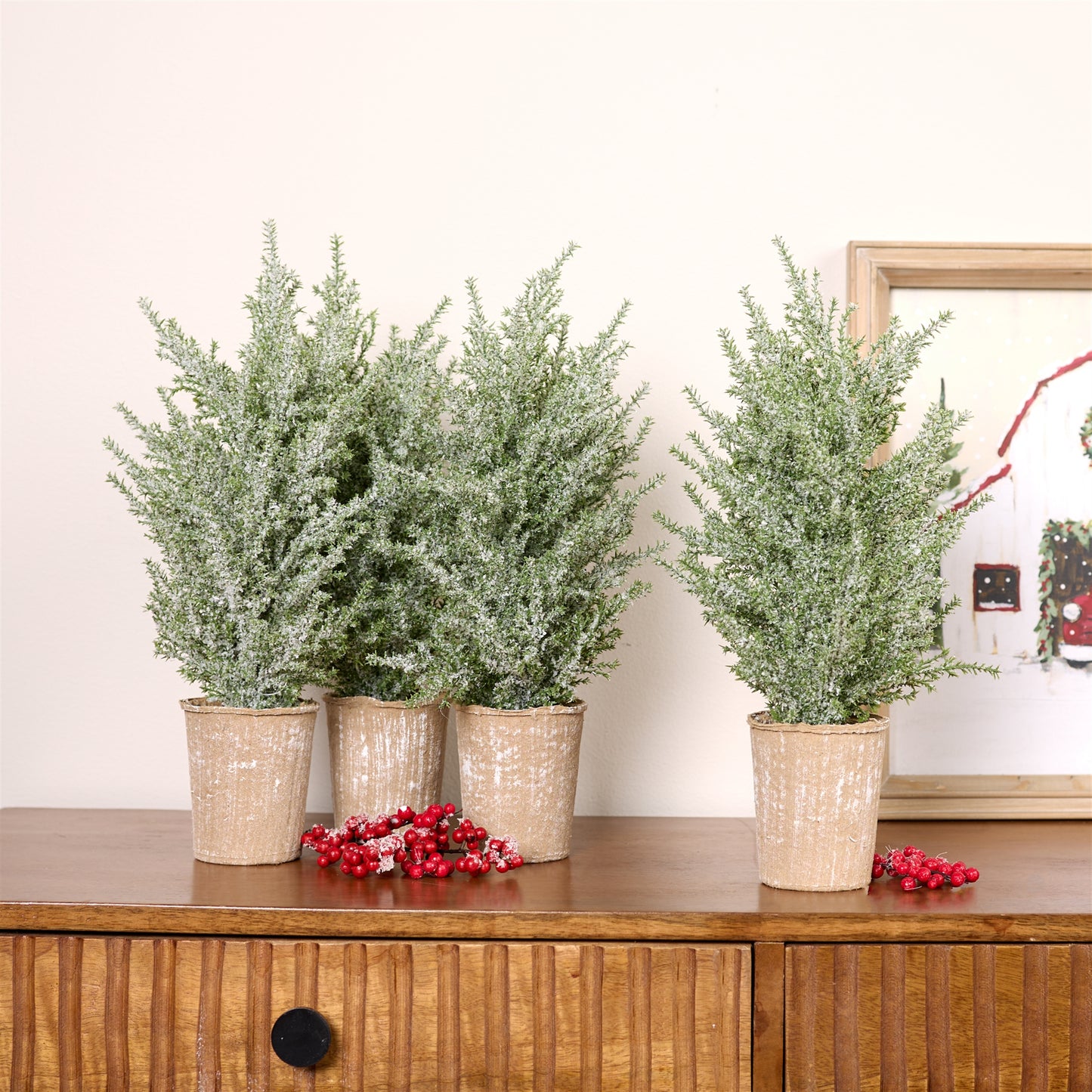 Frosted Holiday Pine Tree in Paper Pot (Set of 4)