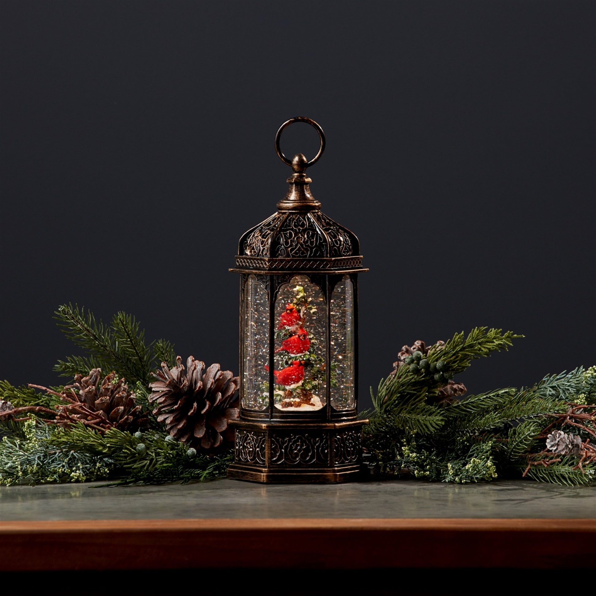 LED Snow Globe Lantern with Cardinal Bird Branch 13"H