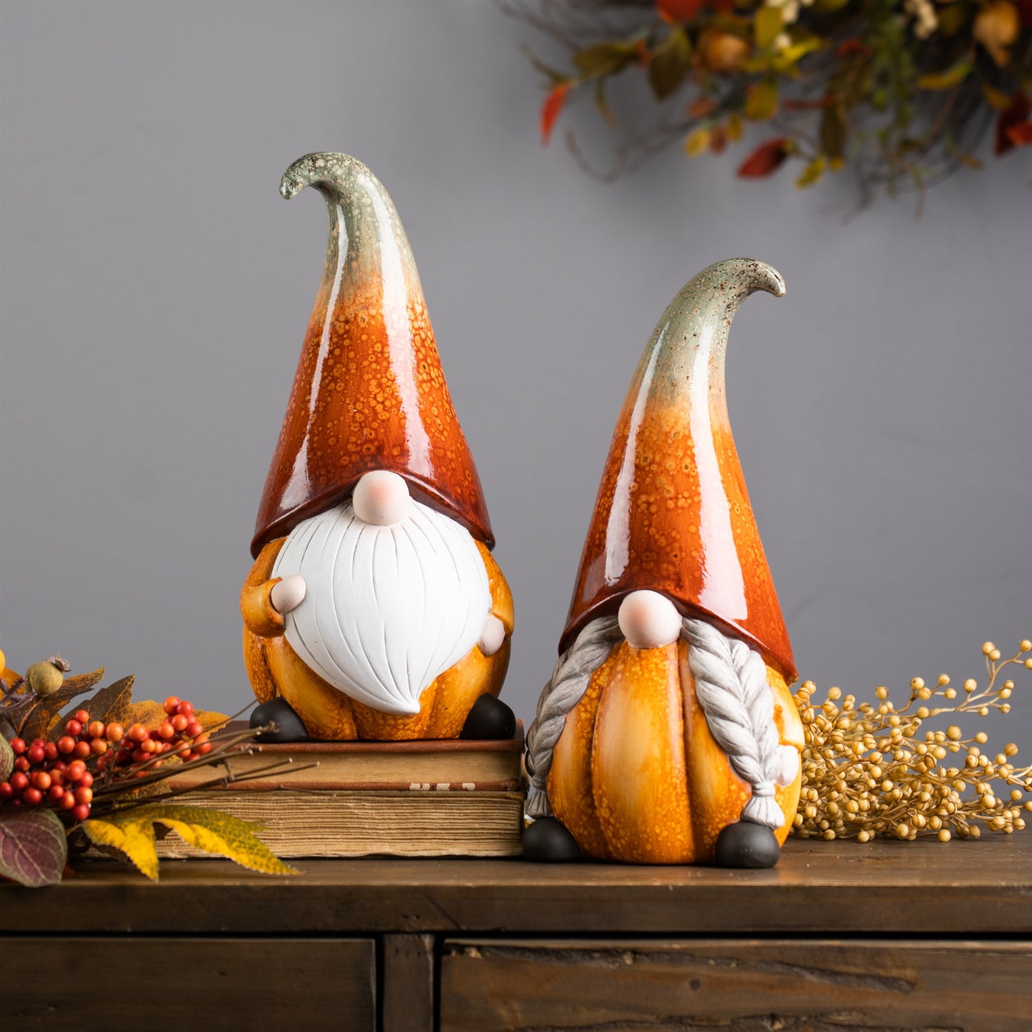 Terra Cotta Pumpkin Gnome with Ombre Hat (Set of 2)