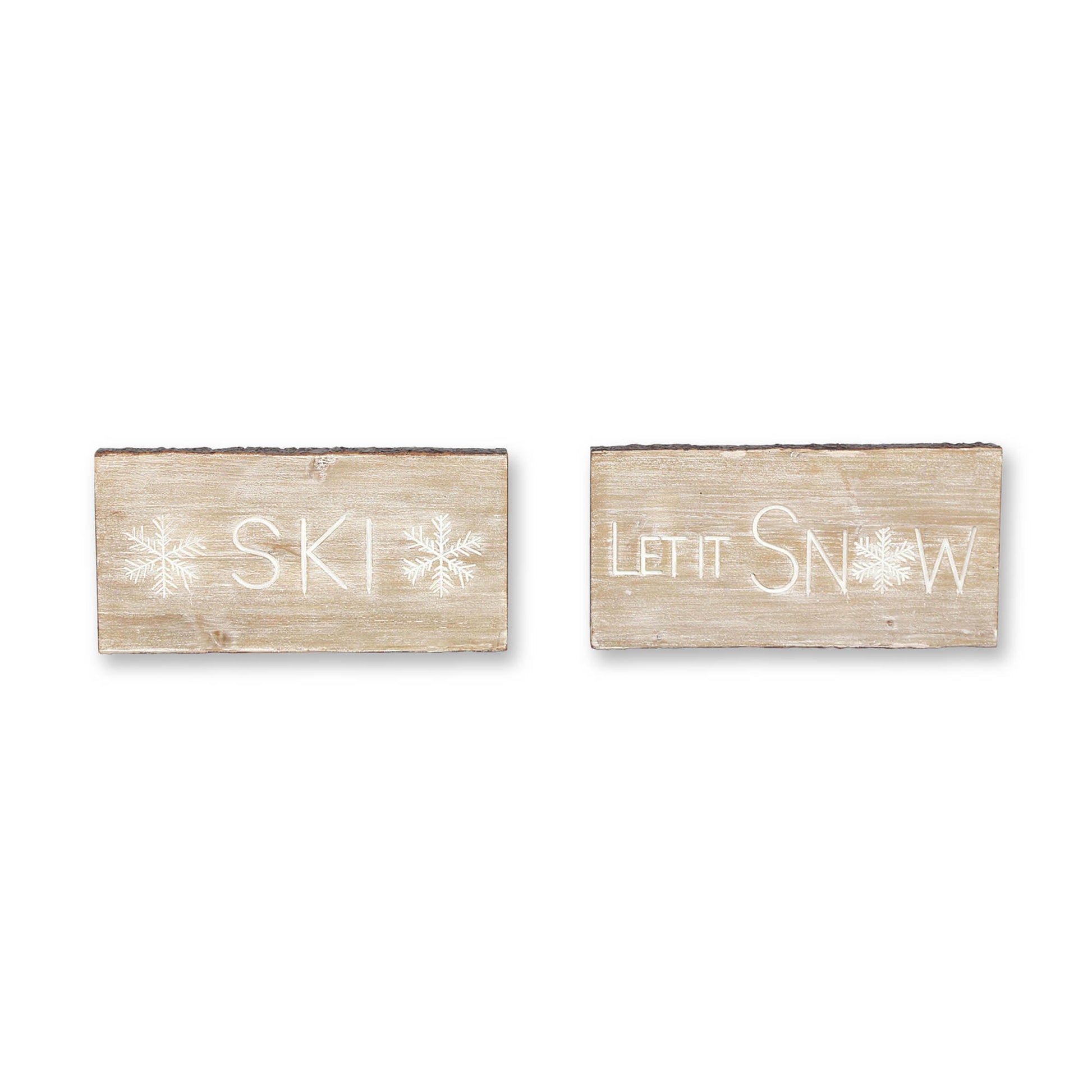 Wood Ski and Snow Sentiment Block with White Washed Design (Set of 2)