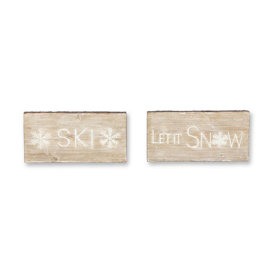 Wood Ski and Snow Sentiment Block with White Washed Design (Set of 2)