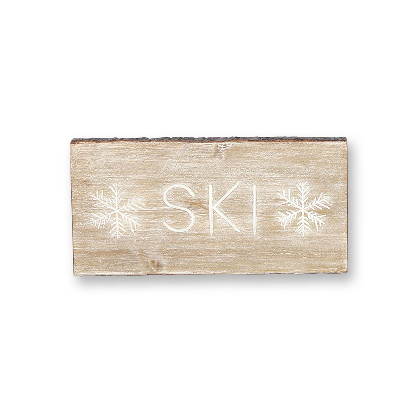 Wood Ski and Snow Sentiment Block with White Washed Design (Set of 2)