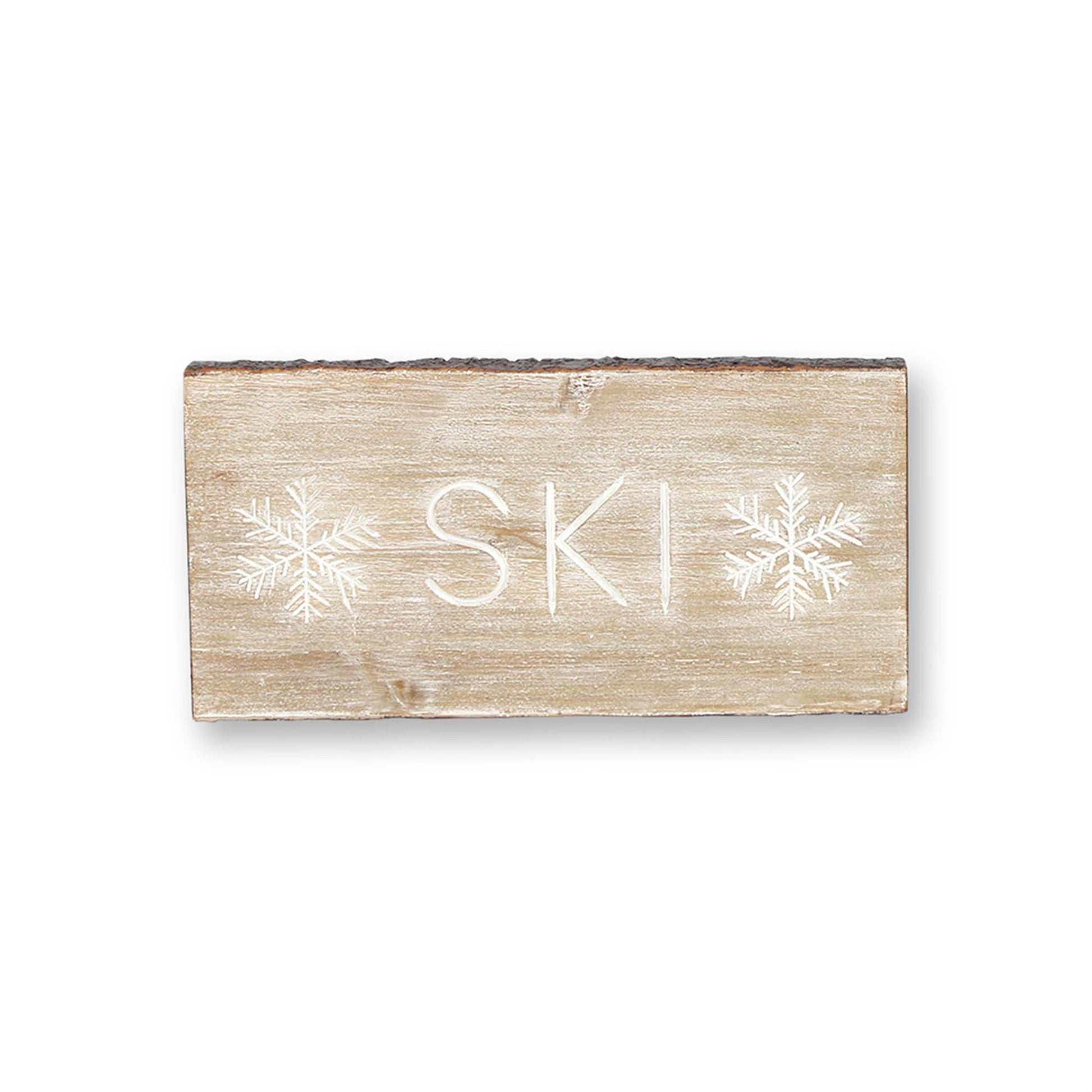 Wood Ski and Snow Sentiment Block with White Washed Design (Set of 2)