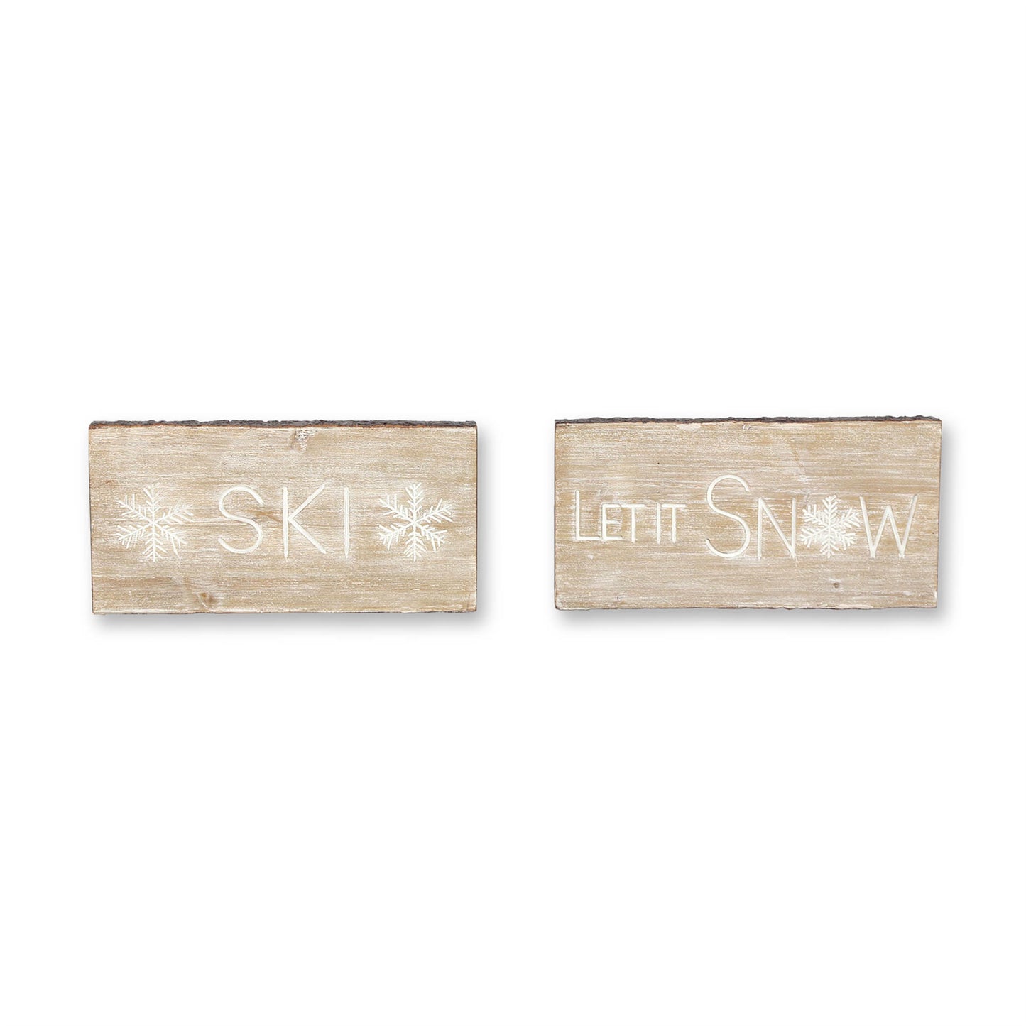 Wood Ski and Snow Sentiment Block with White Washed Design (Set of 2)