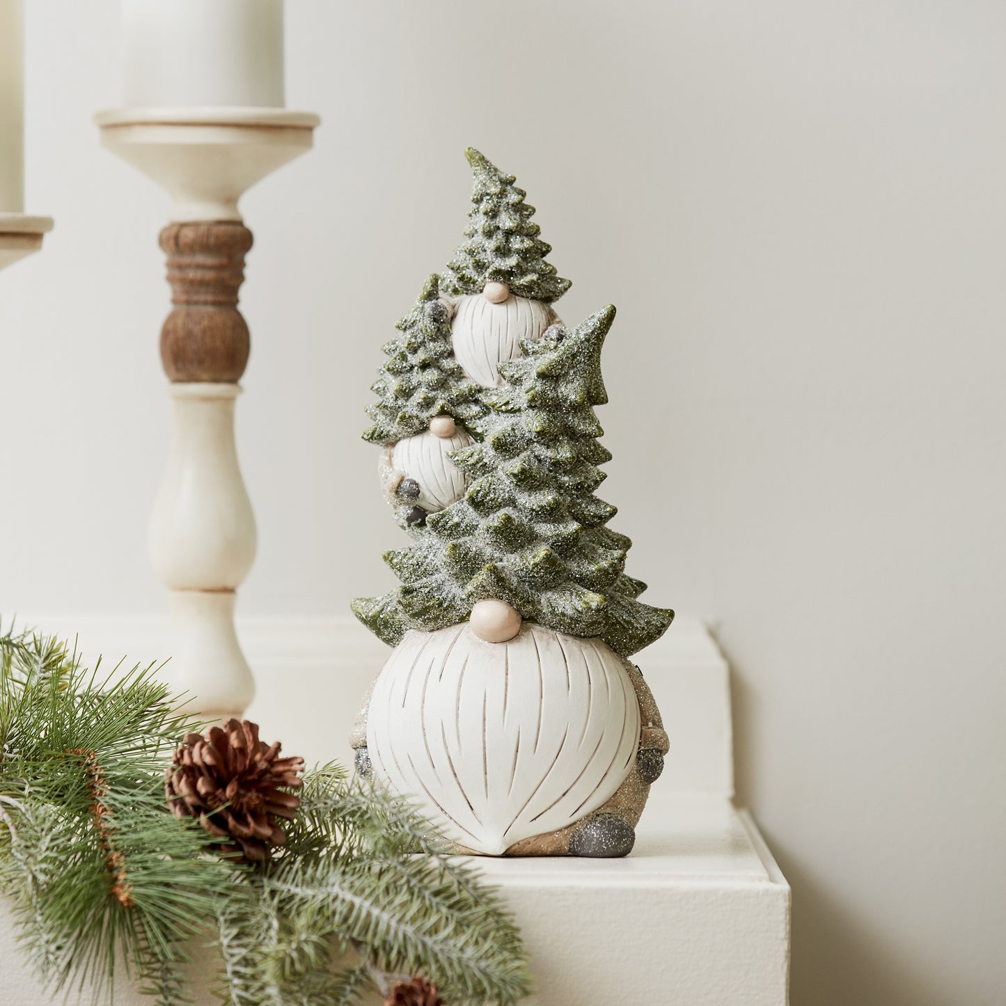 Stone Holiday Gnome Stack with Pine Tree Hat (Set of 2)