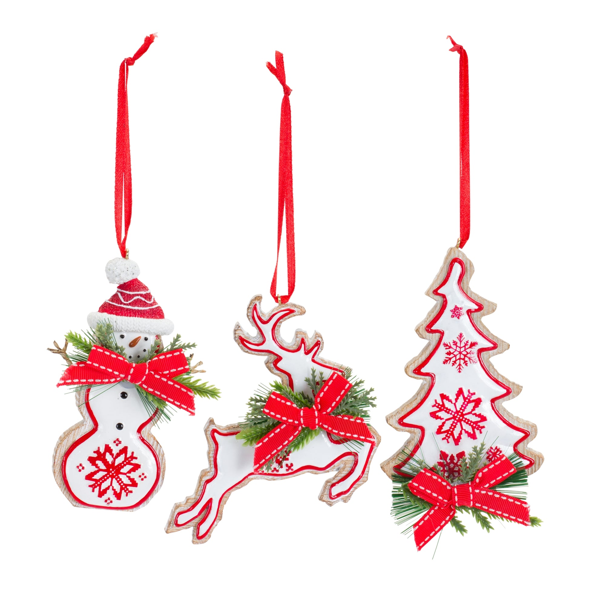 Nordic Snowflake Character Tree Ornament with Pine Bow Accent (Set of 6)