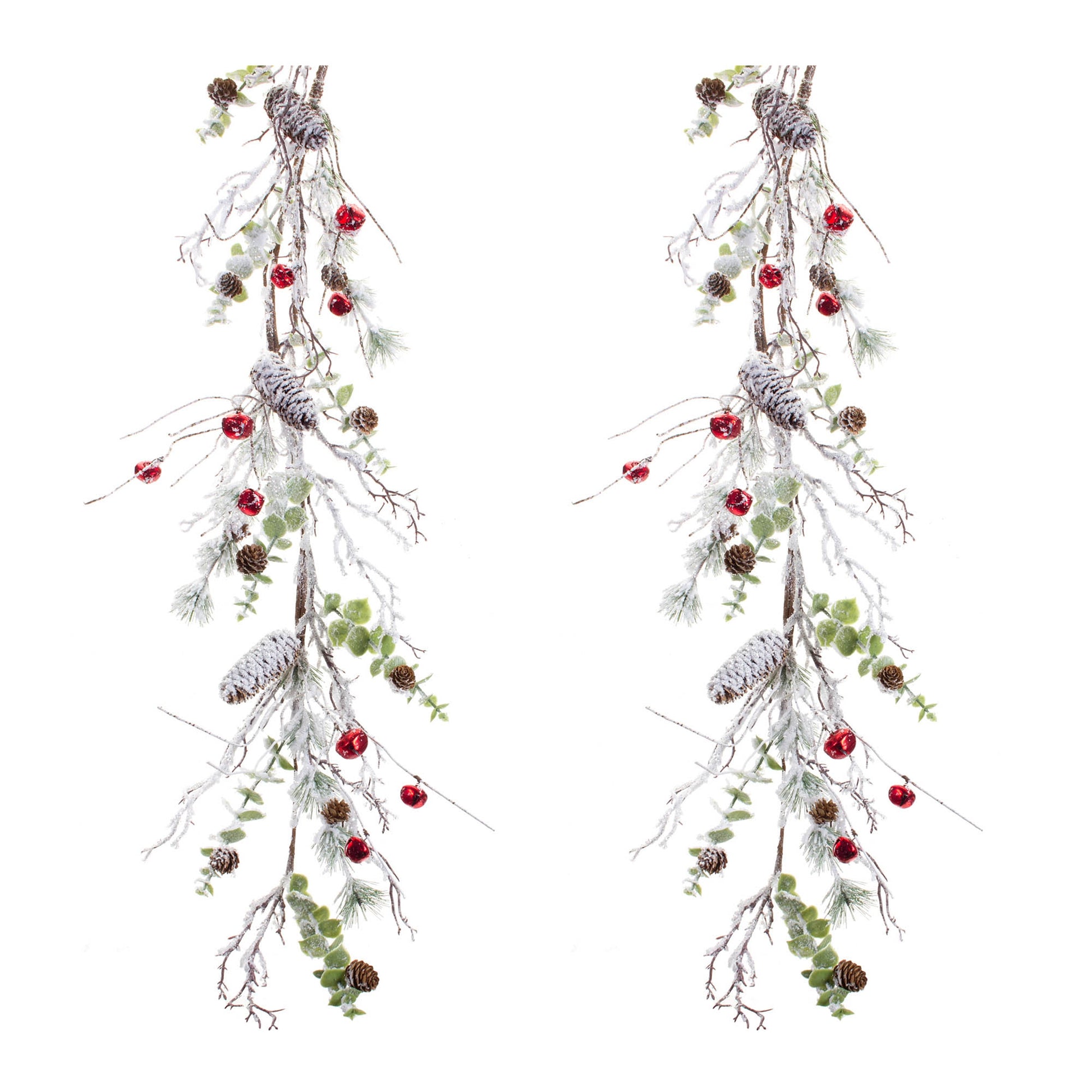 Snowy Flocked Twig Pine Garland with Sleigh Bells (Set of 2)
