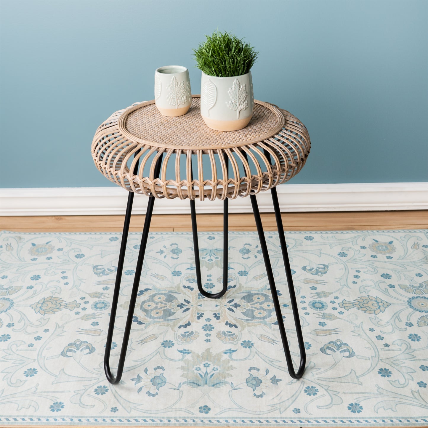 Rattan Wood Tripod Stool Table with Metal Legs 25"H