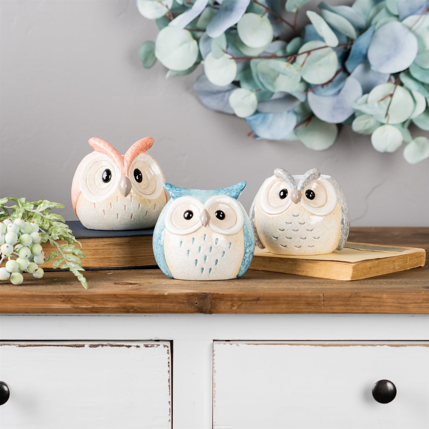 Whimsical Pastel Terra Cotta Owl Figurine (Set of 3)
