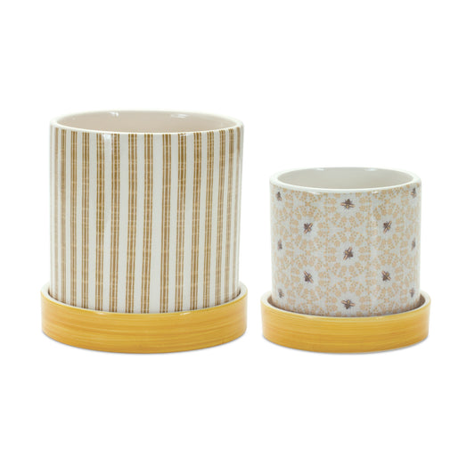 Stone Bumble Bee Striped Planter with Plate (Set of 2)