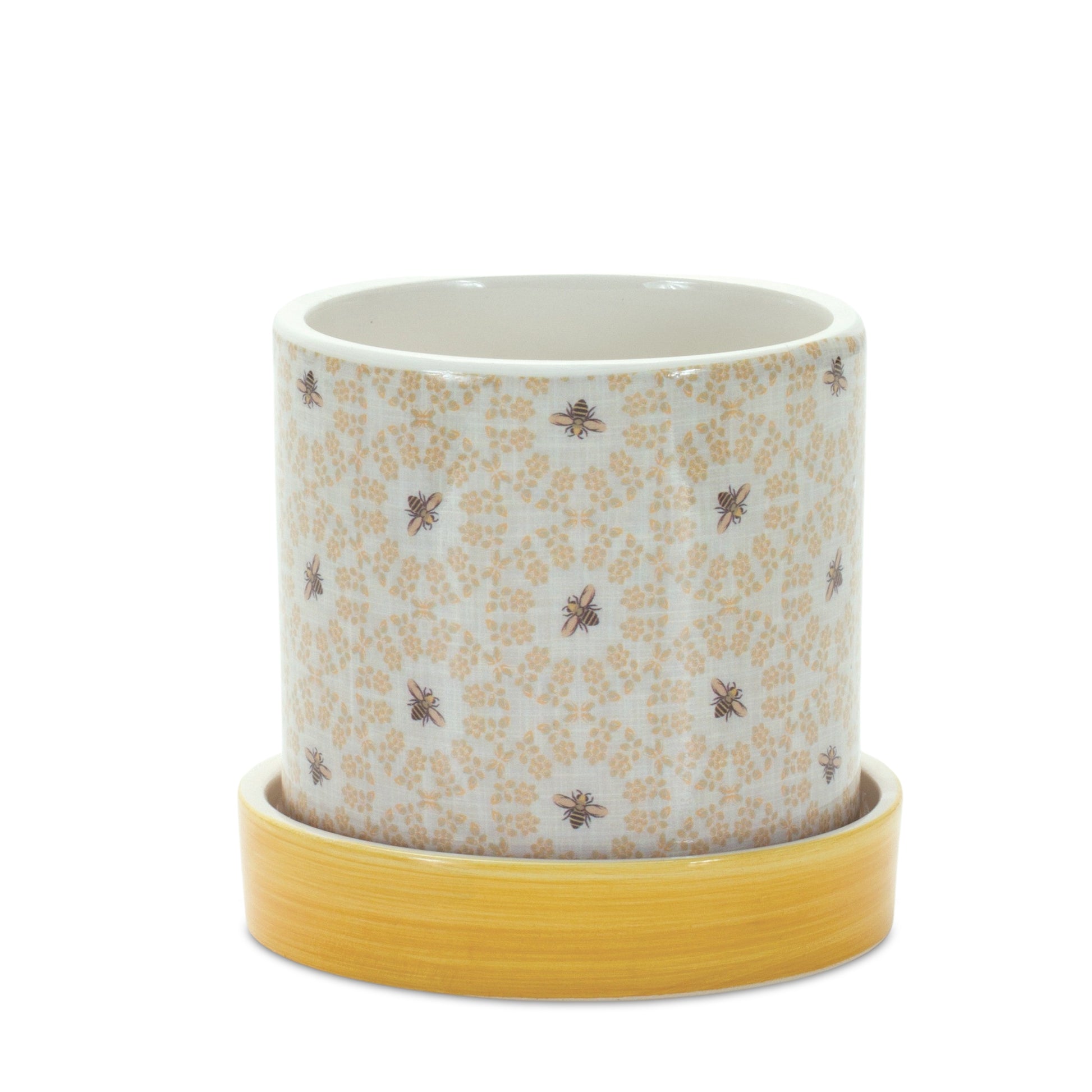 Stone Bumble Bee Striped Planter with Plate (Set of 2)