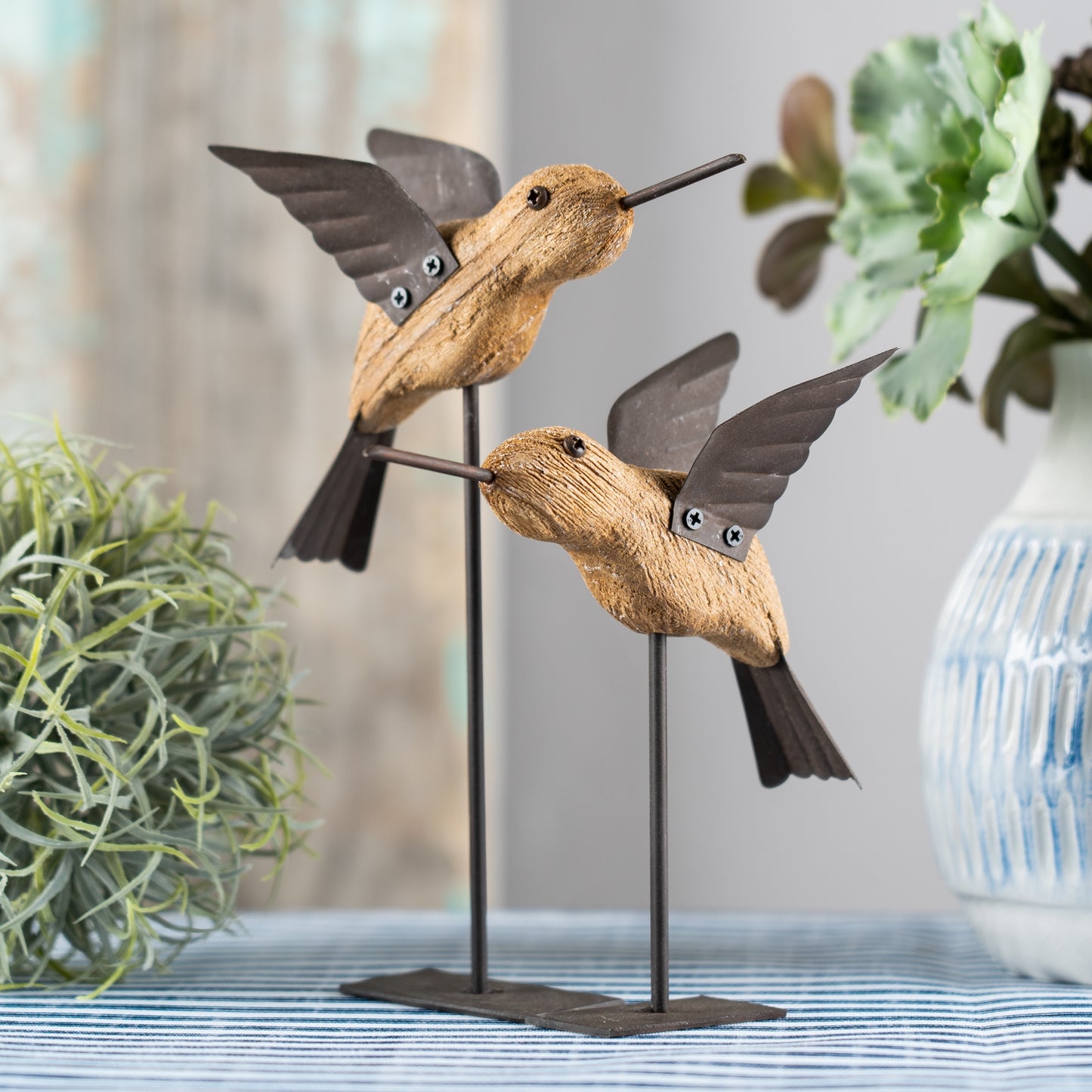 Natural Fir Wood Bird Figurine with Rustic Metal Accents (Set of 2)