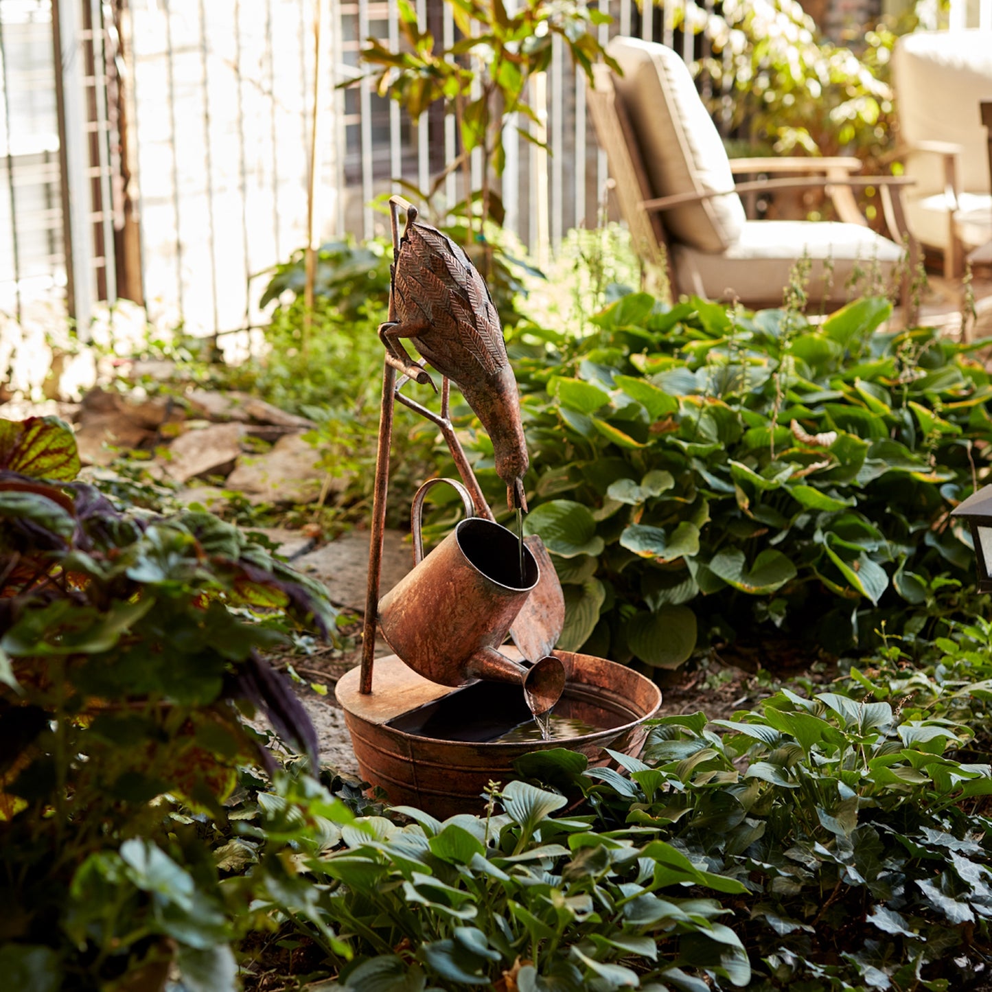 Rustic Metal Fountain with Duck and Watering Can 33"H