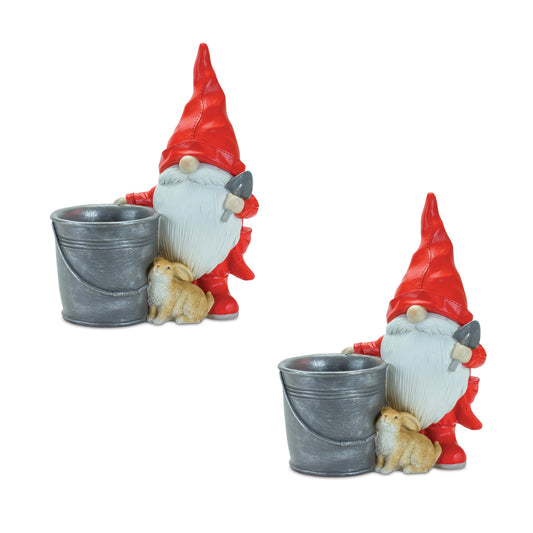 Raincoat Garden Gnome Statue with Bucket Planter (Set of 2)