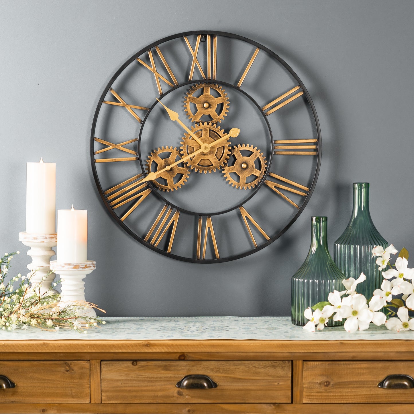 Industrial Iron Gears Wall Clock with Roman Numerals 23.75"D