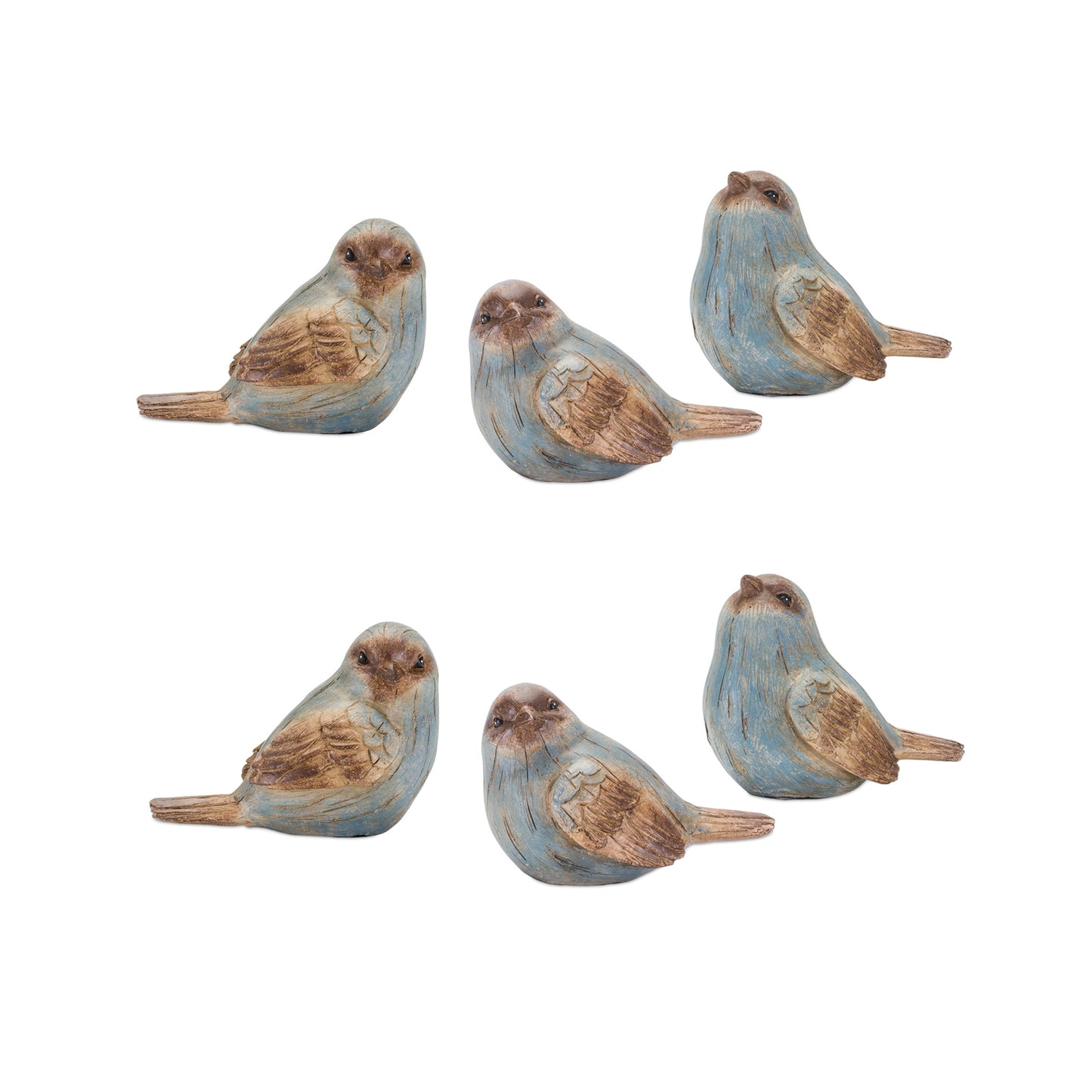 Rustic Blue Bird Figurine with Wood Grain Design (Set of 6)