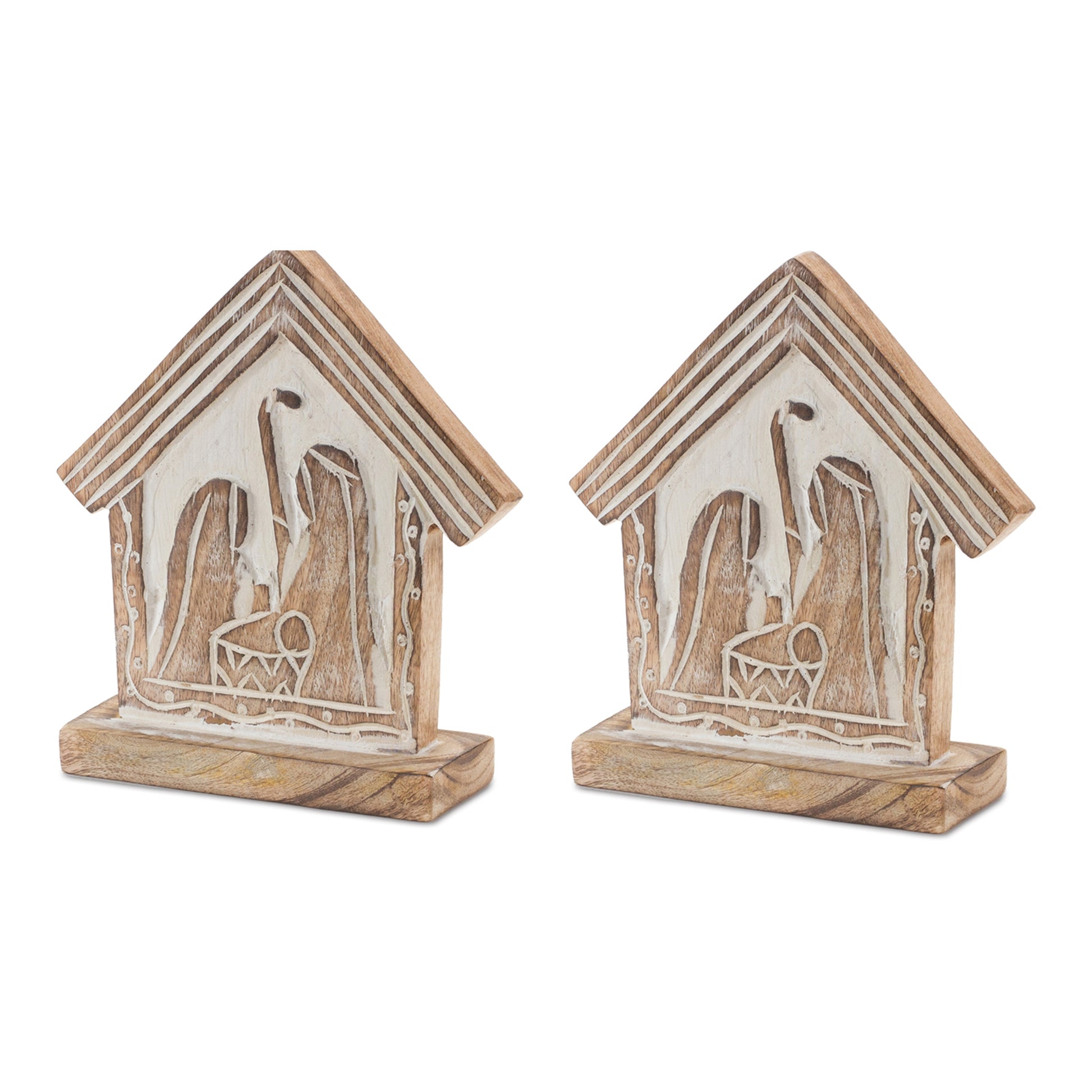 Wood Carved Nativity Barn (Set of 2)
