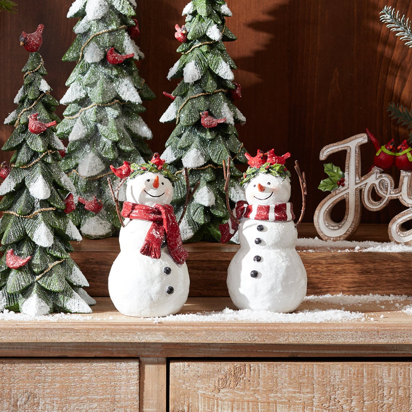 Snowman Figurine with Cardinal Accents (Set of 2)